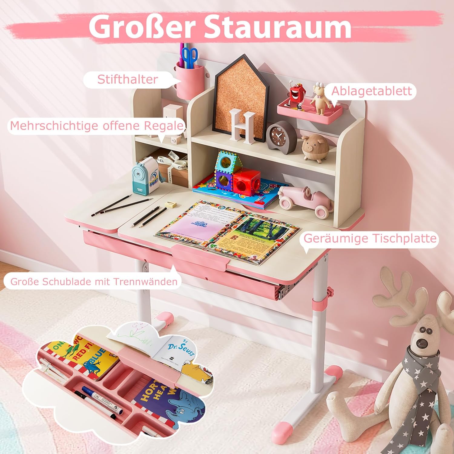COSTWAY Kinderschreibtisch höhenverstellbar, Schreibtisch Kinder mit neigbarer Tischplatte, Regalen & Schublade, Jugendschreibtisch Schülerschreibtisch für 3-12 Jahre Kinder (Rosa)