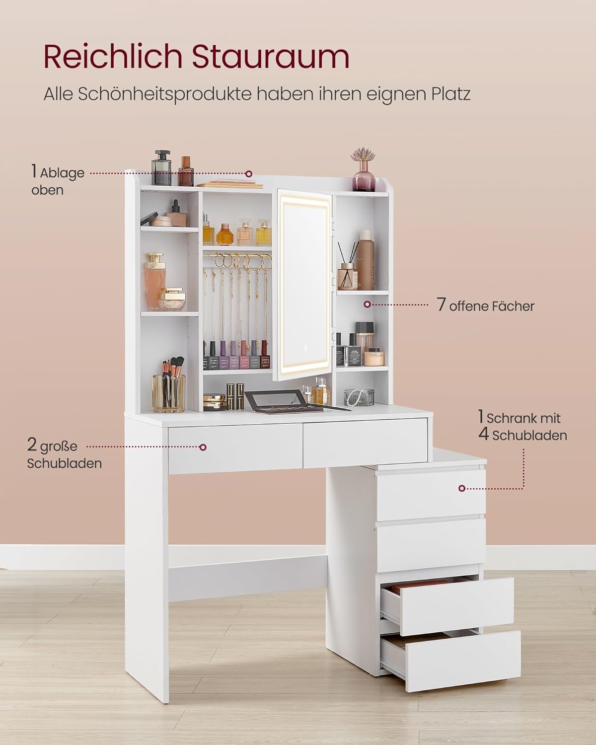 VASAGLE Kailyn Schminktisch mit LED-Spiegel, Hocker, Schubladen, Weiß