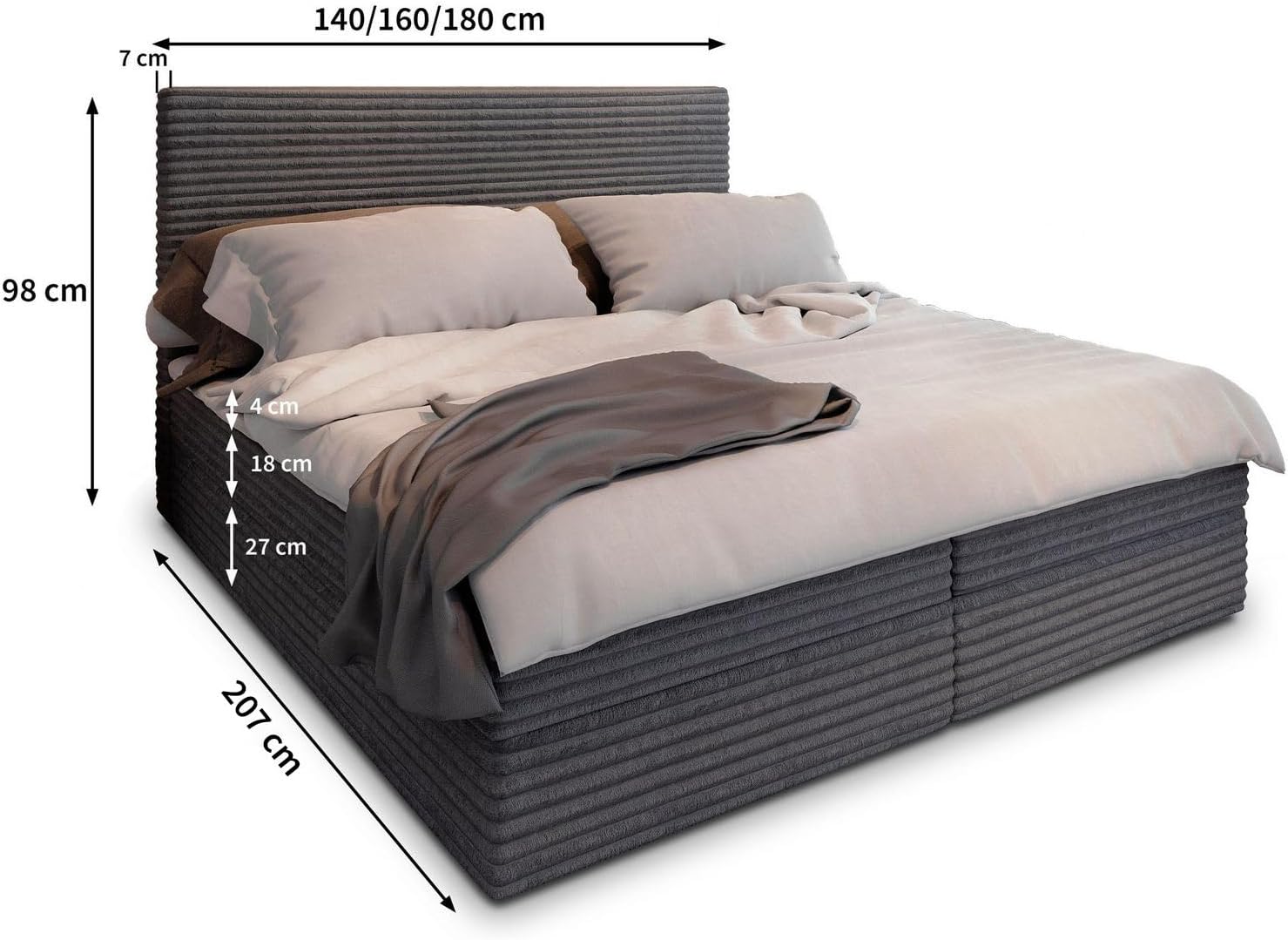 Masseno Boxspringbett PISA – Komplett-Set mit Matratze & Topper, Bettkasten, Polsterbett