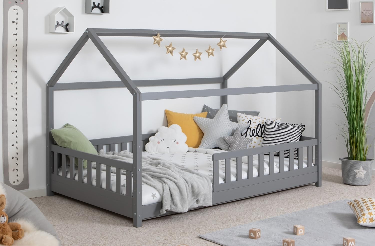 TiCAA Kinderbett Hausbett Montessori Bodenbett aus Massivholz mit Rausfallschutz