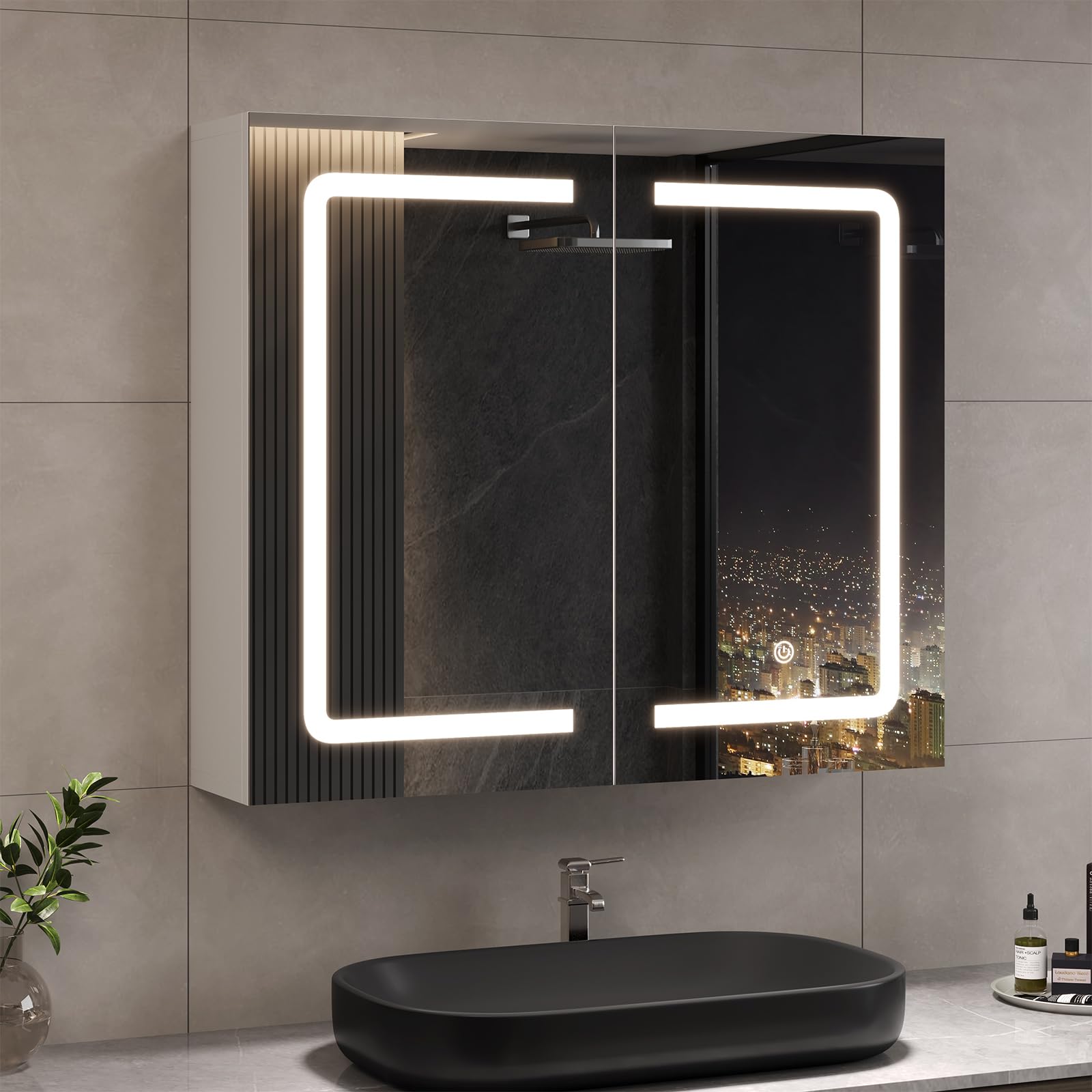DICTAC Badezimmer spiegelschrank mit Beleuchtung 80x60x16cm Spiegelschrank Bad mit LED und Steckdose 80 cm Breit Doppeltür Badschrank mit Spiegel und Ablage,Hängeschrank,Berührung Sensorschalter,Weiß