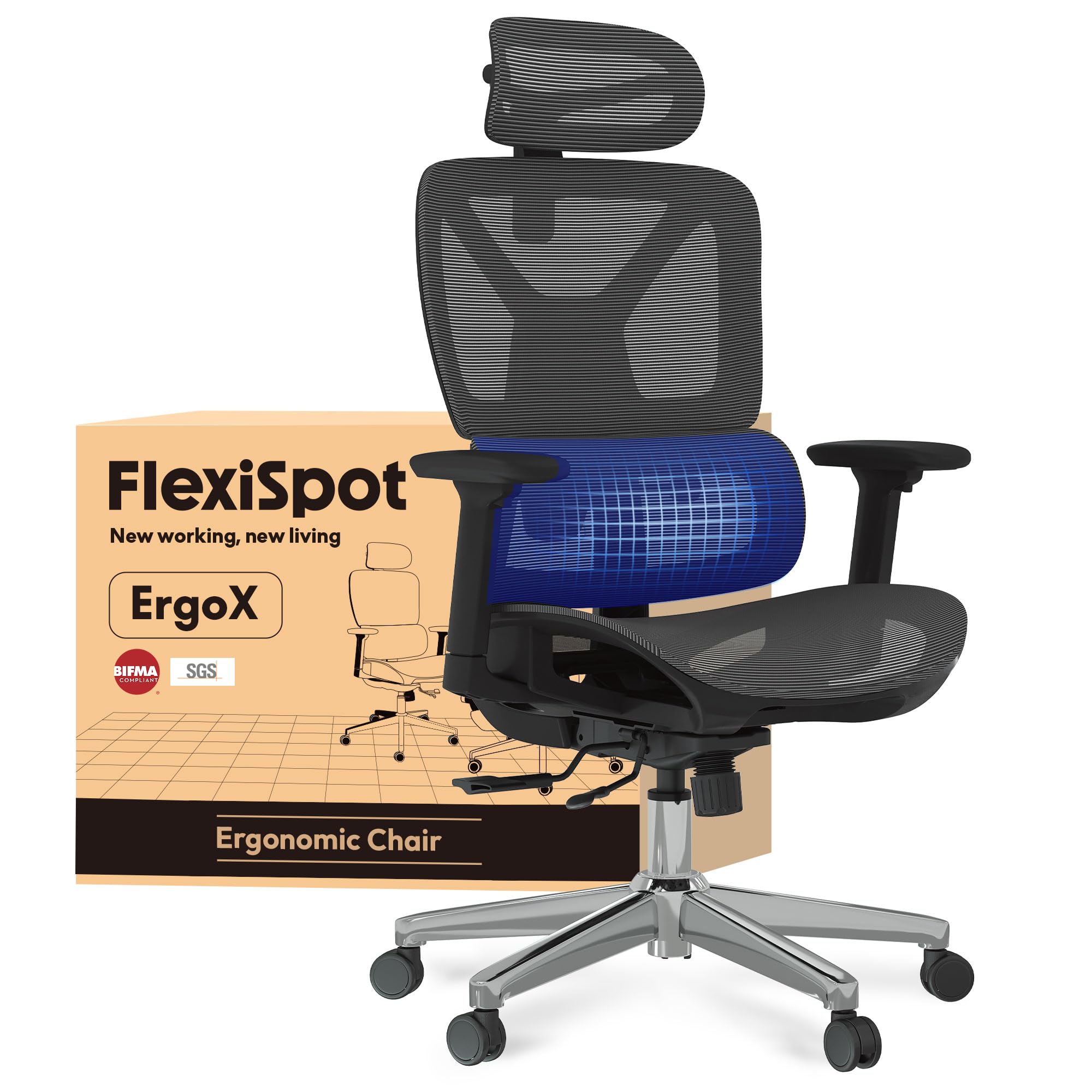 FLEXISPOT Ergonomischer Bürostuhl Schreibtischstuhl mit Fußstütze, 3D-Armlehnen, 3D-Kopfstütze, 5D-Rückenlehne, Atmungsaktiver Sitz Belastbar bis 136 kg Arbeitsstuhl, ErgoX, Schwarz