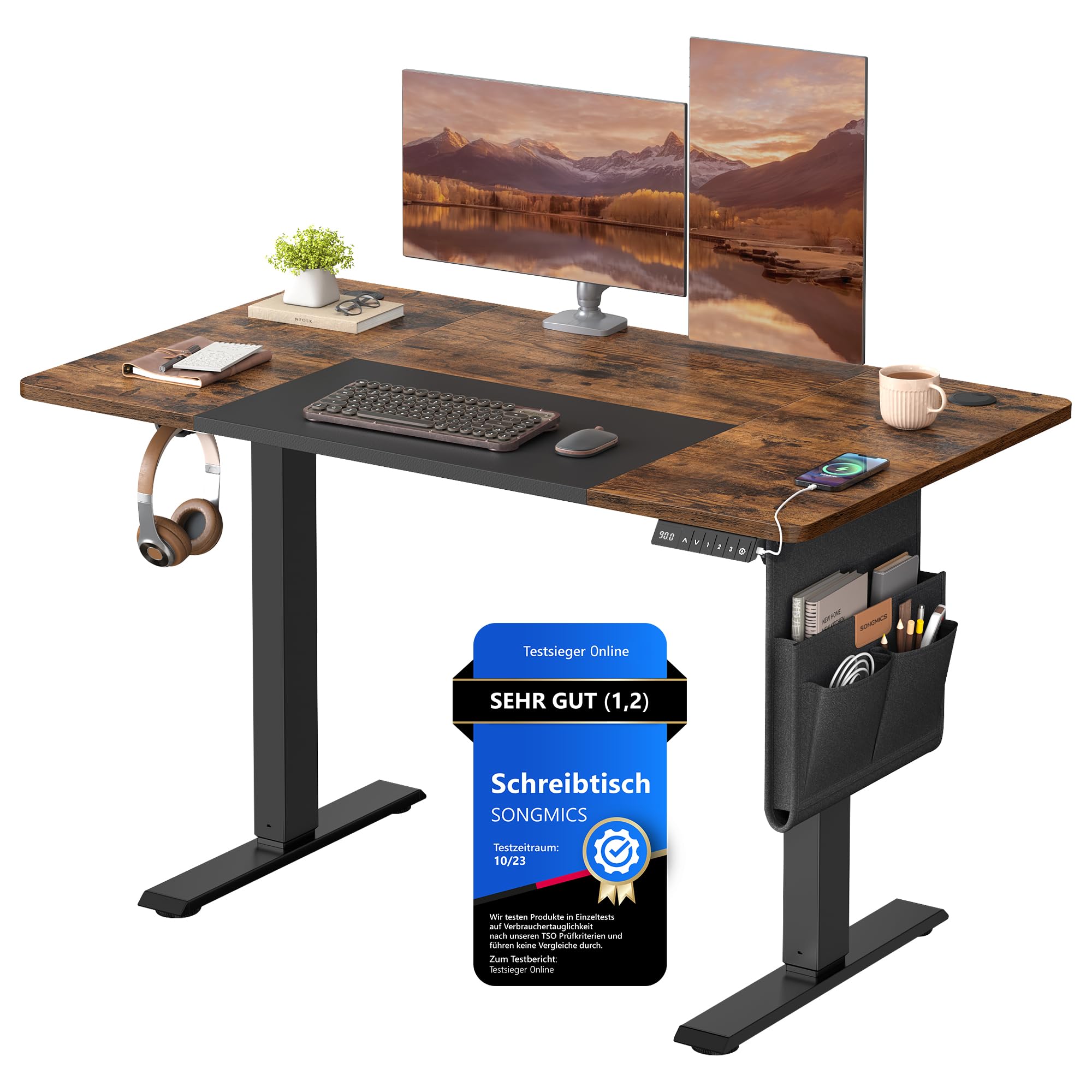 SONGMICS Elektrischer Höhenverstellbarer Schreibtisch – Holz & Stahl, Ergonomisch, Höhenverstellbar