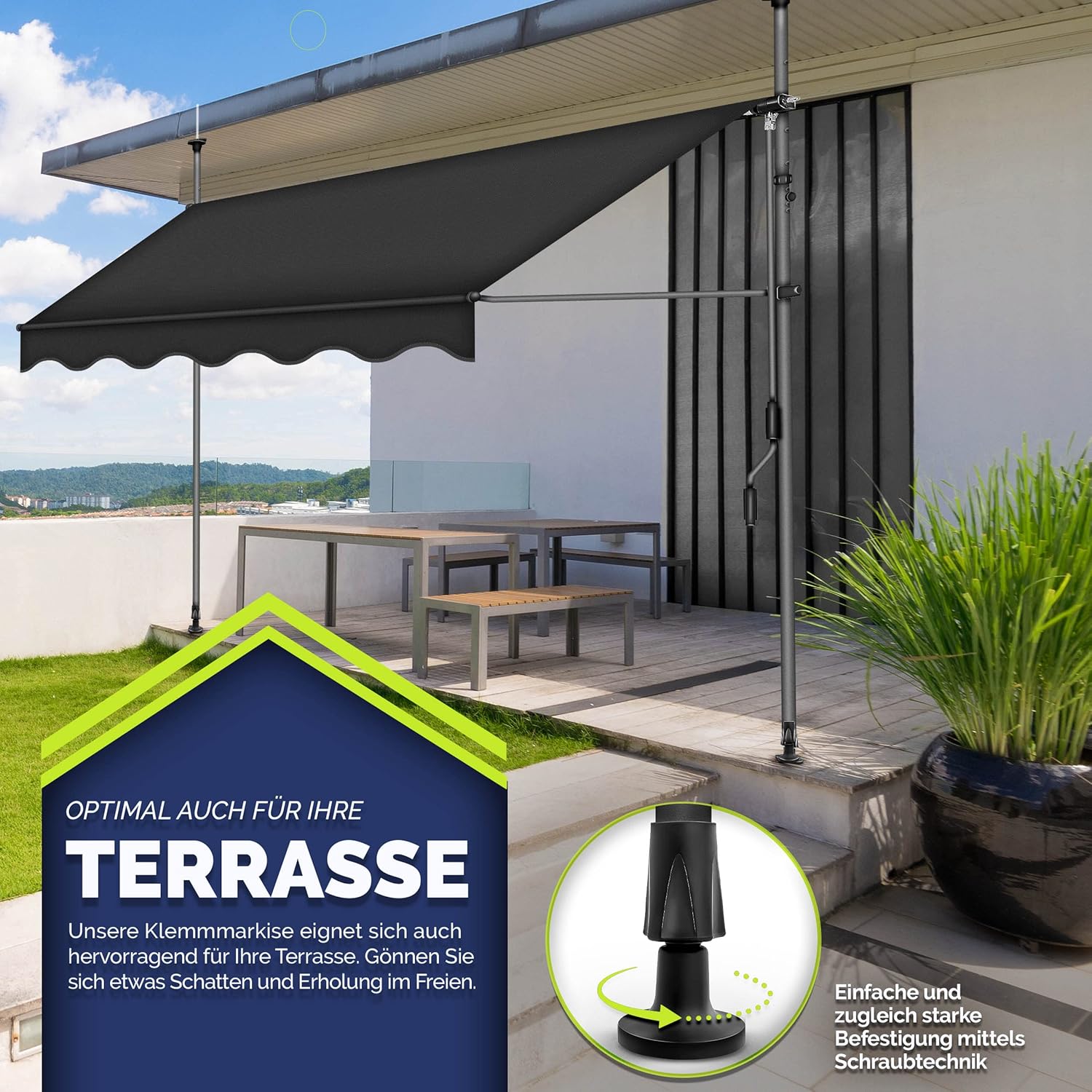tillvex Balkonmarkise Klemmmarkise – UV50+, Wasserdicht, Höhen- und Winkelverstellbar