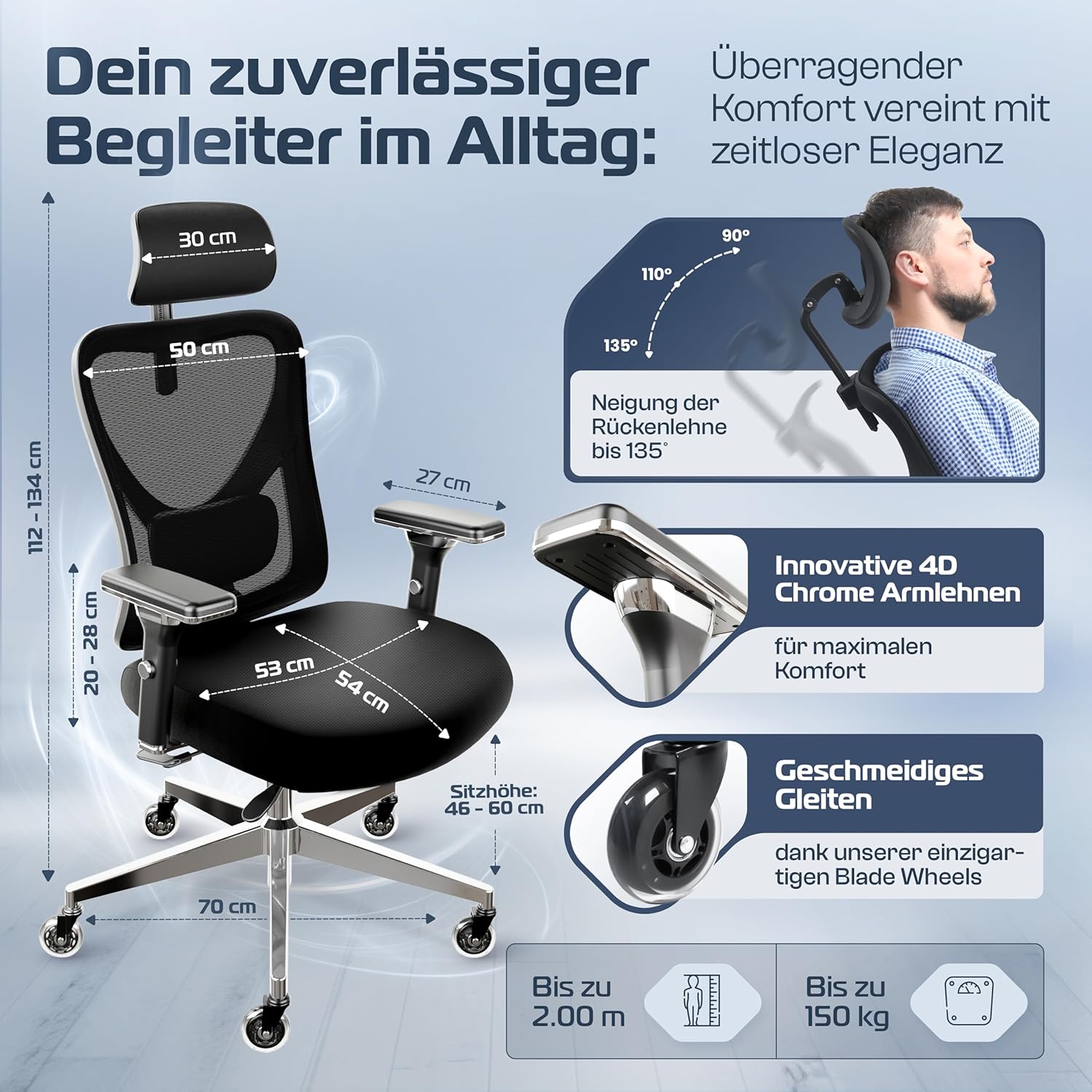 CLOUVOU CleverSeat Ergonomischer Bürostuhl – Verstellbar, bis 150 kg