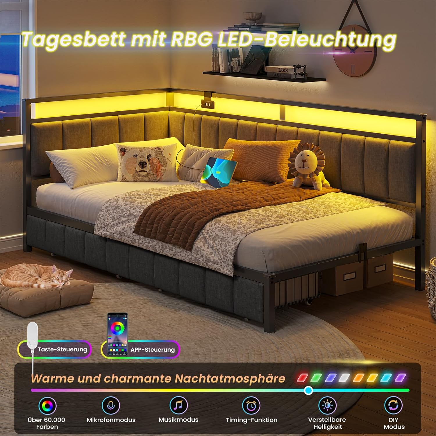 DICTAC Polsterbett Schlafsofa mit LED & USB, Metallrahmen, 2 Schubladen, modern