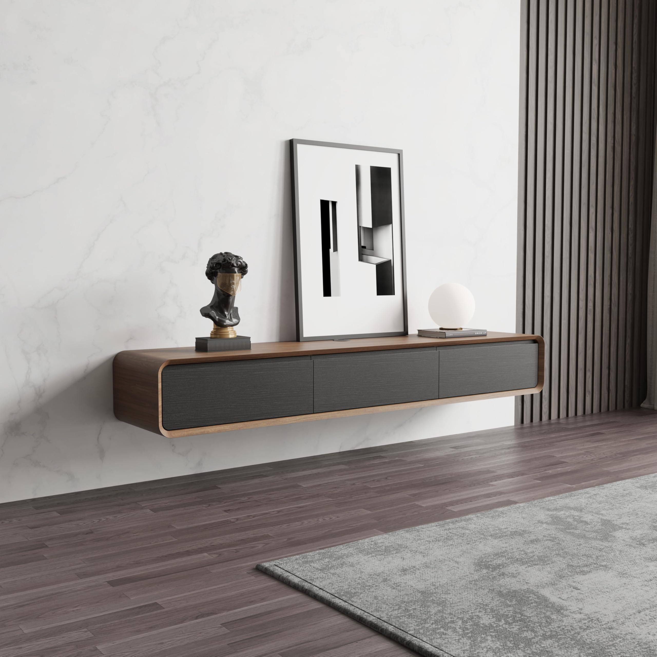 POVISON TV Schrank schwebend 160cm schwarz modern Walnussholz aus Massivholz mit 3 Schubladen, TV Lowboard hängend mit Kabelmanagement hochwertig, Komplettmöbel mit Stauraum für Wohnzimmer