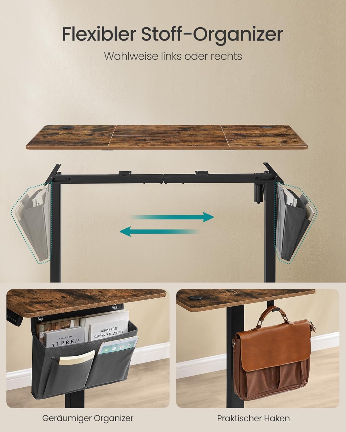 SONGMICS Elektrischer Höhenverstellbarer Schreibtisch – Holz & Stahl, Ergonomisch, Höhenverstellbar