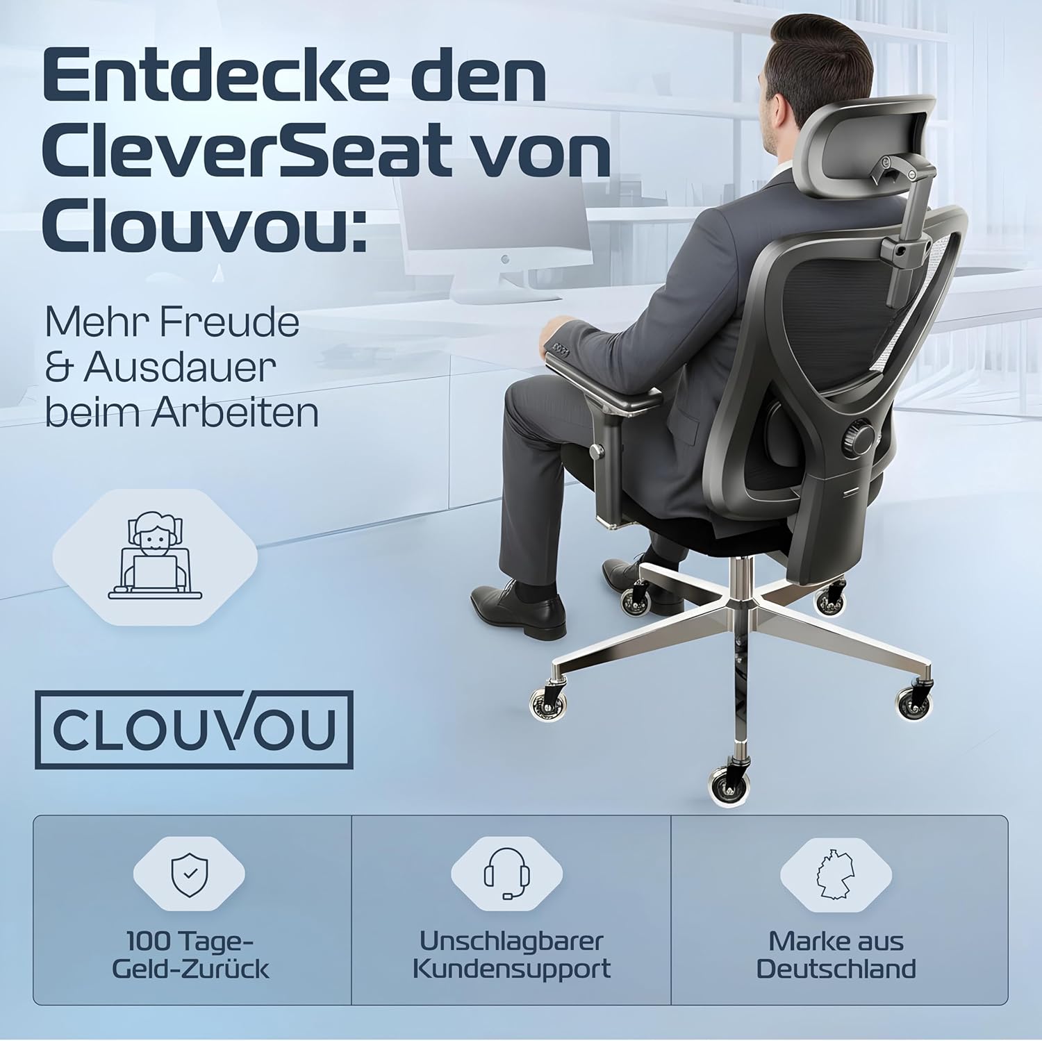 CLOUVOU CleverSeat Ergonomischer Bürostuhl – Verstellbar, bis 150 kg