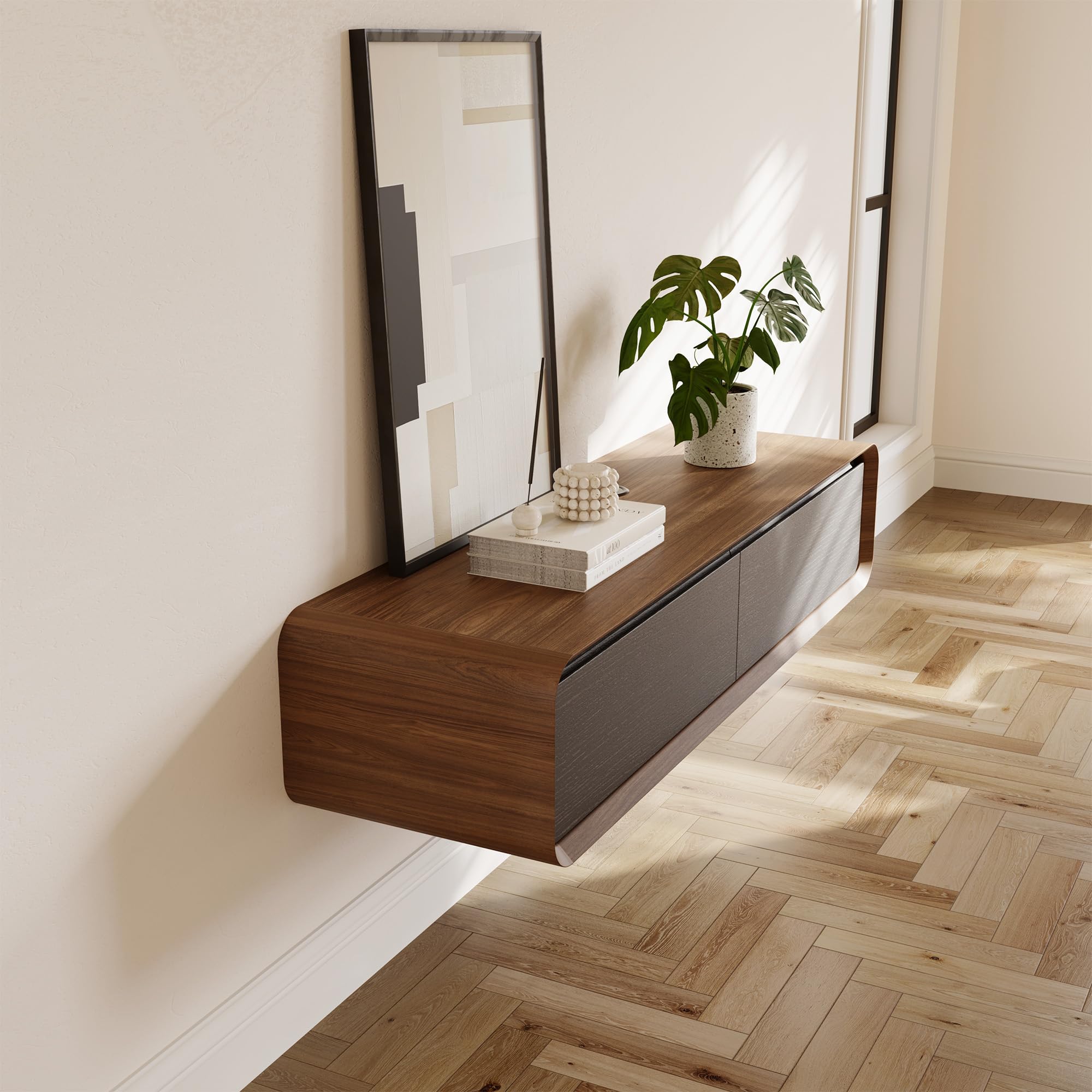 POVISON TV Schrank schwebend 160cm schwarz modern Walnussholz aus Massivholz mit 3 Schubladen, TV Lowboard hängend mit Kabelmanagement hochwertig, Komplettmöbel mit Stauraum für Wohnzimmer
