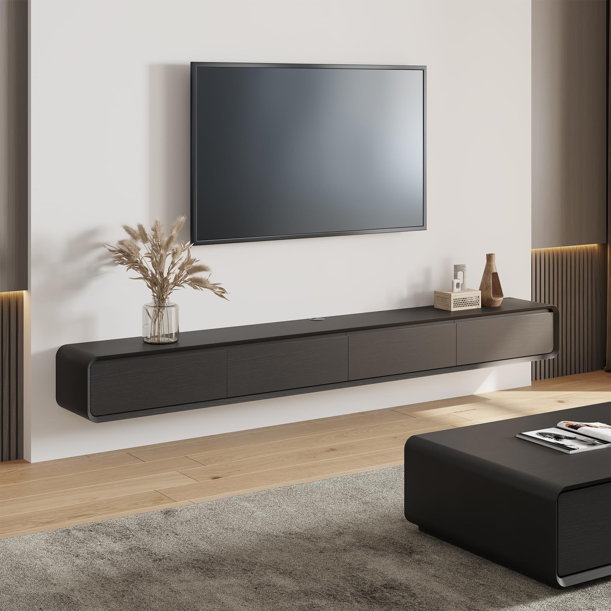POVISON TV Schrank schwebend 160cm schwarz modern Walnussholz aus Massivholz mit 3 Schubladen, TV Lowboard hängend mit Kabelmanagement hochwertig, Komplettmöbel mit Stauraum für Wohnzimmer