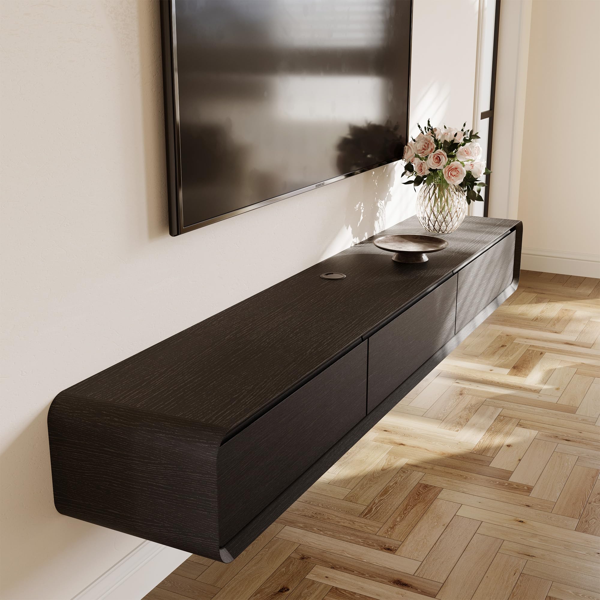 POVISON TV Schrank schwebend 160cm schwarz modern Walnussholz aus Massivholz mit 3 Schubladen, TV Lowboard hängend mit Kabelmanagement hochwertig, Komplettmöbel mit Stauraum für Wohnzimmer