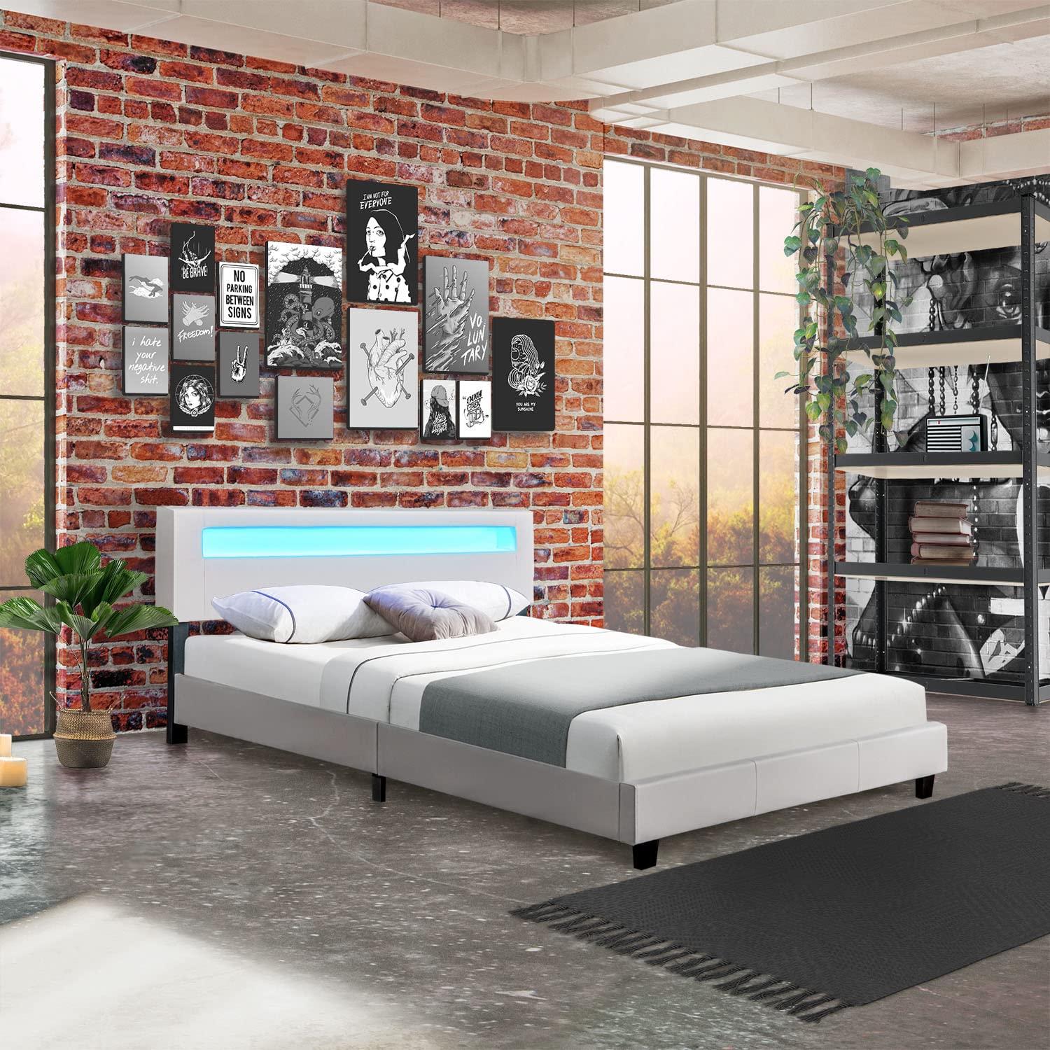 Juskys Polsterbett Paris 90x200 cm mit LED-Beleuchtung, Lattenrost & Kopfteil, Bett mit Gestell aus Holz & Webstoff Bezug, grau