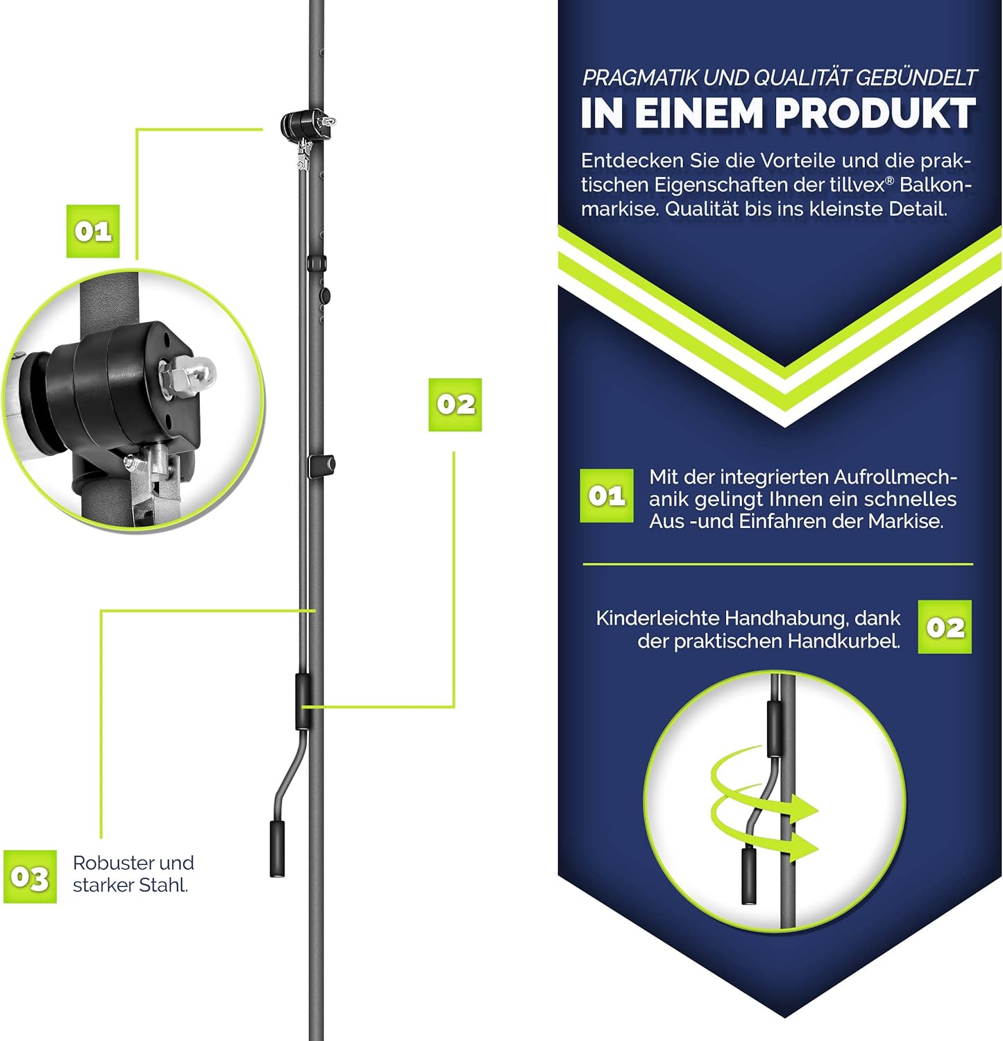 tillvex Balkonmarkise Klemmmarkise – UV50+, Wasserdicht, Höhen- und Winkelverstellbar