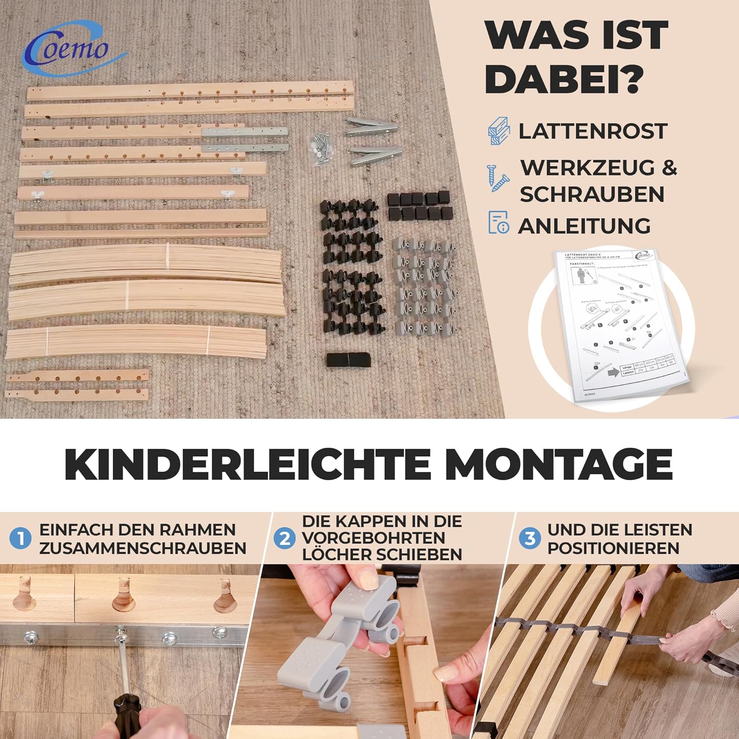 7-Zonen Lattenrost Ergo 140x200 Lattenrahmen - verstellbares Kopfteil - Buche Rahmen- 28 Federleisten- Bettrahmen 140x200cm passend für Queensize Bett- geeignet für alle Matratzen
