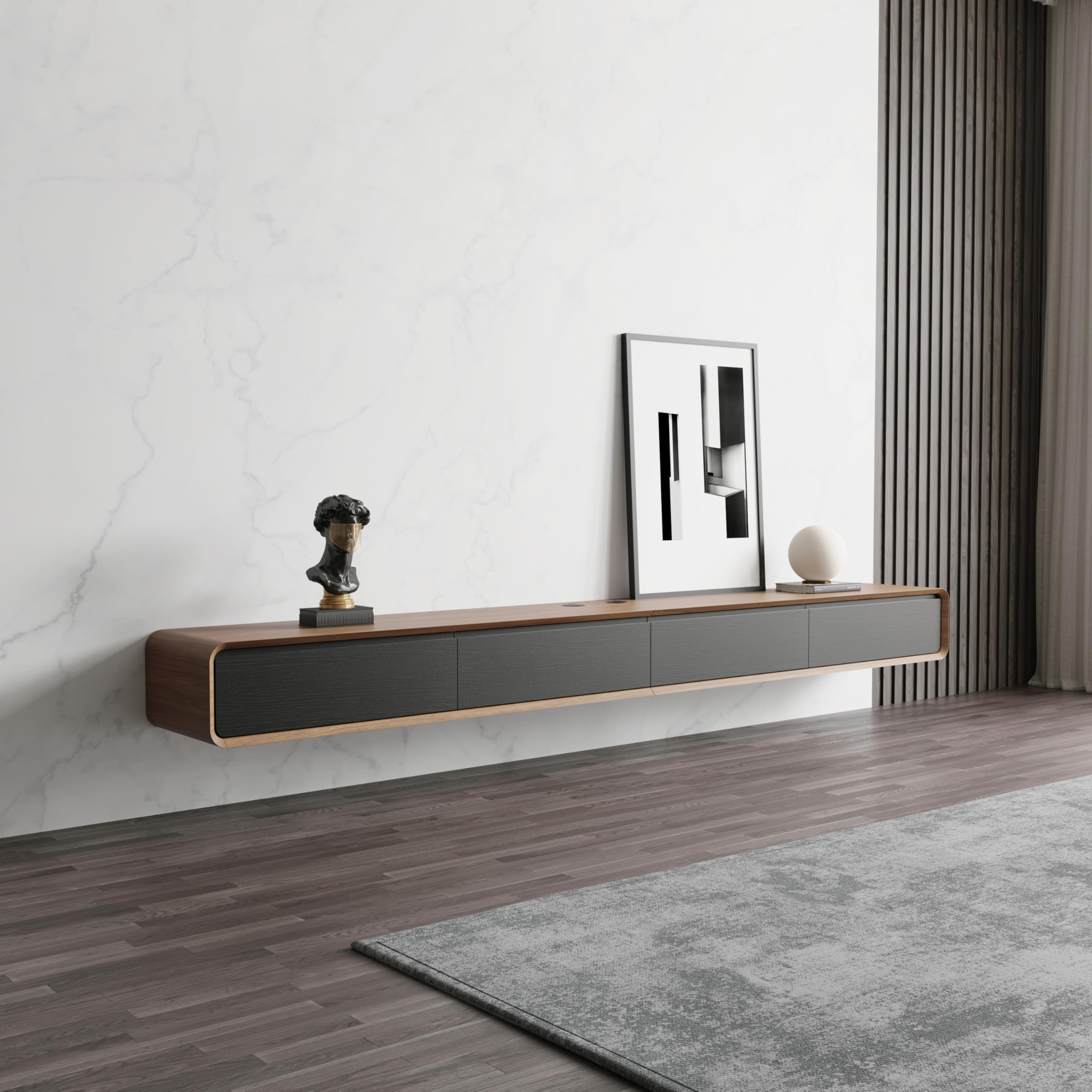 POVISON TV Schrank schwebend 160cm schwarz modern Walnussholz aus Massivholz mit 3 Schubladen, TV Lowboard hängend mit Kabelmanagement hochwertig, Komplettmöbel mit Stauraum für Wohnzimmer