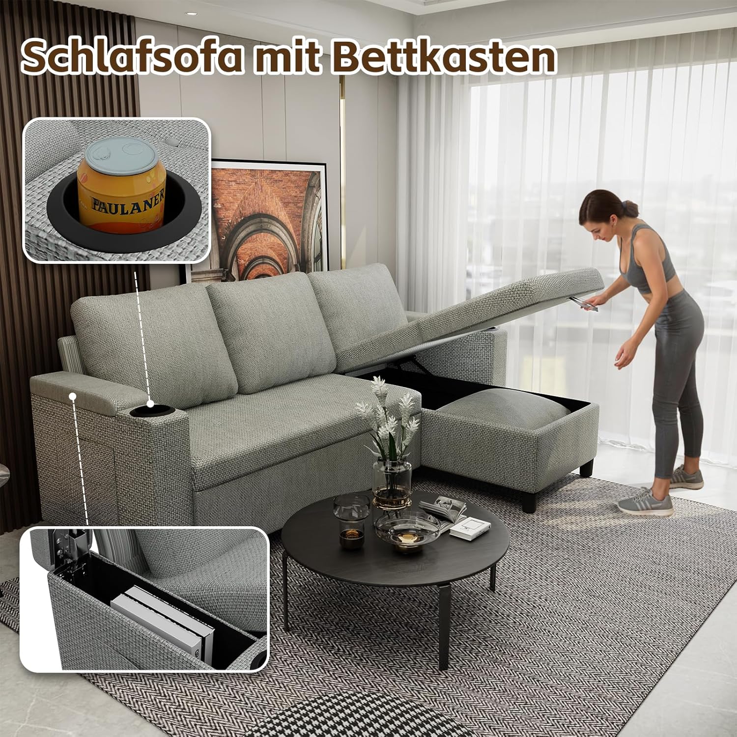 Devoko Ecksofa L-Form Hellgrau – Schlafsofa ausziehbar mit Stauraum & Bettkasten