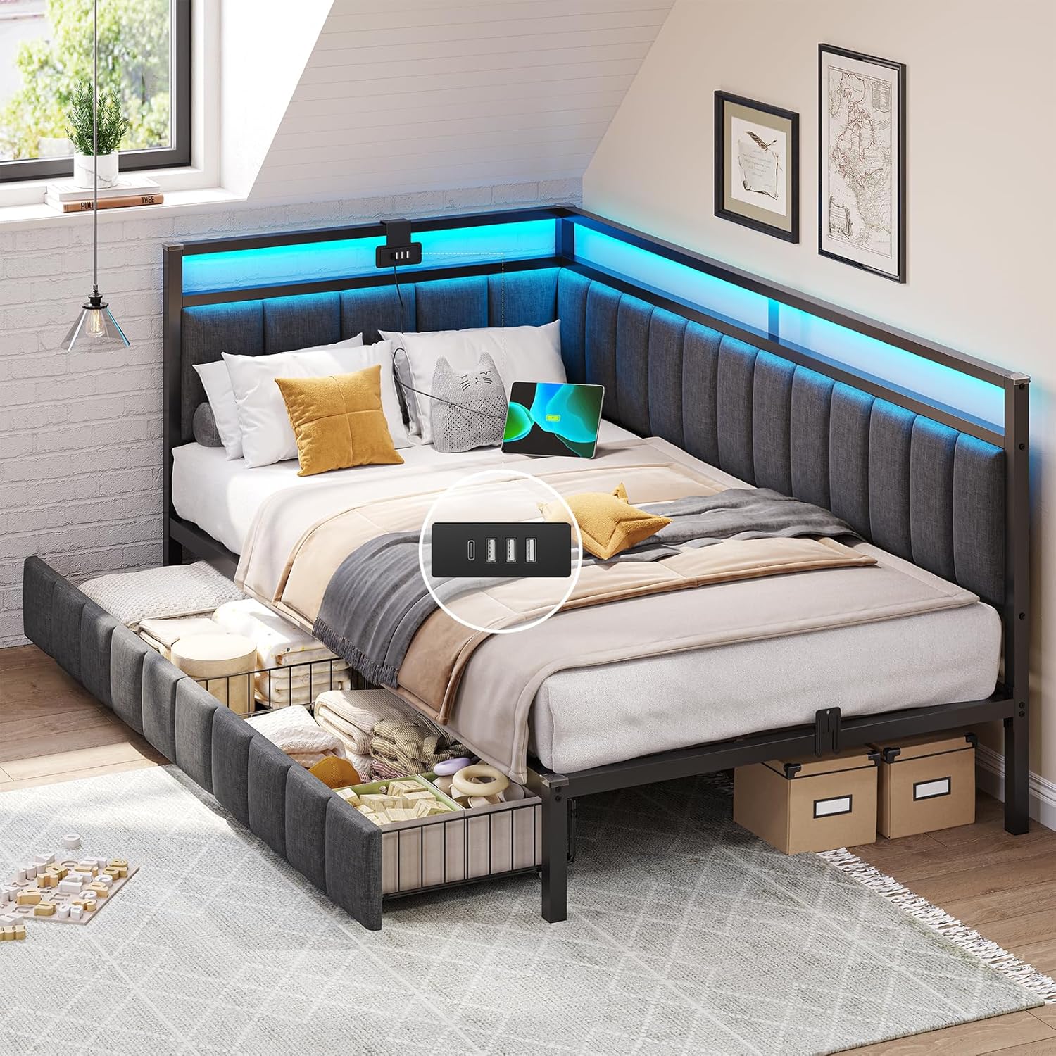 DICTAC Polsterbett Schlafsofa mit LED & USB, Metallrahmen, 2 Schubladen, modern