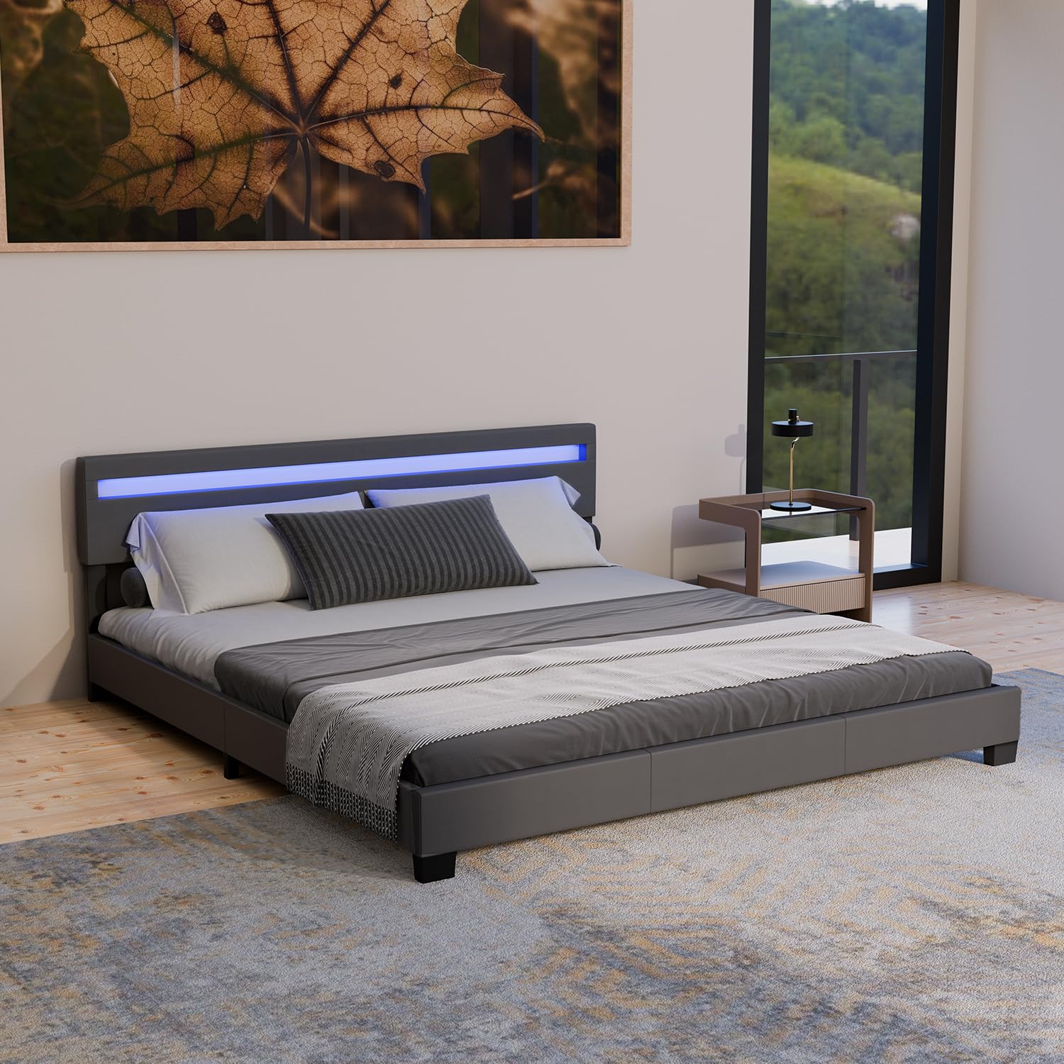Juskys Polsterbett Paris 90x200 cm mit LED-Beleuchtung, Lattenrost & Kopfteil, Bett mit Gestell aus Holz & Webstoff Bezug, grau