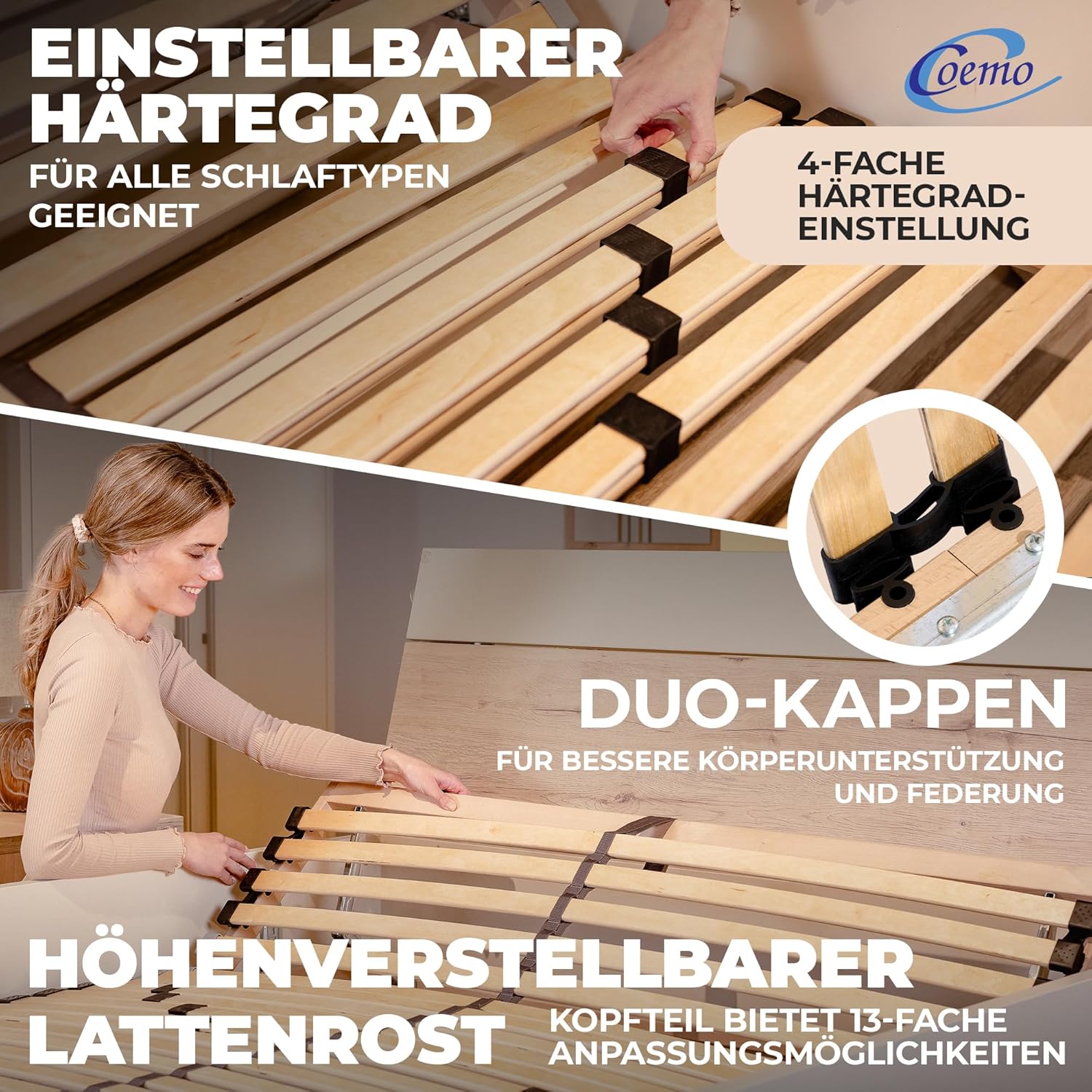 7-Zonen Lattenrost Ergo 140x200 Lattenrahmen - verstellbares Kopfteil - Buche Rahmen- 28 Federleisten- Bettrahmen 140x200cm passend für Queensize Bett- geeignet für alle Matratzen