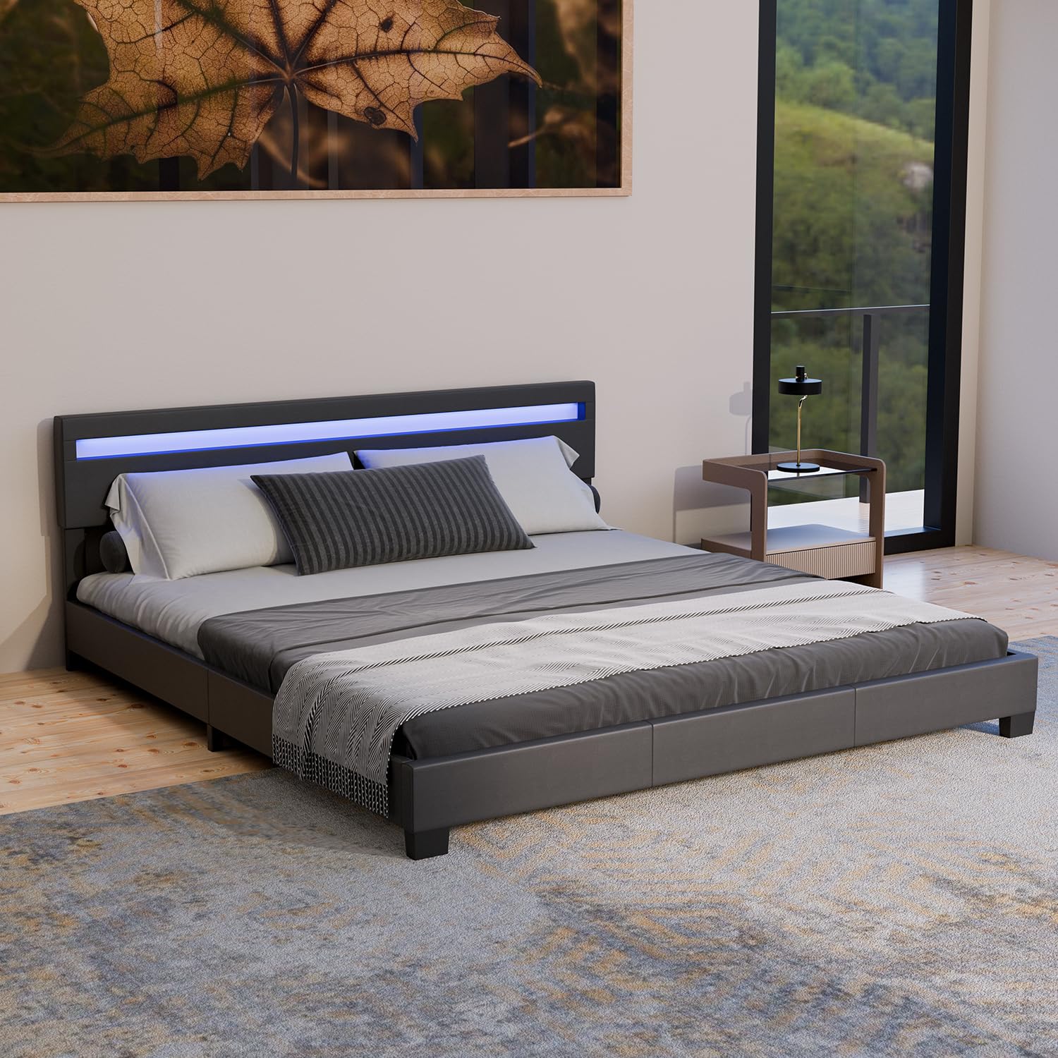 Juskys Polsterbett Paris 90x200 cm mit LED-Beleuchtung, Lattenrost & Kopfteil, Bett mit Gestell aus Holz & Webstoff Bezug, grau