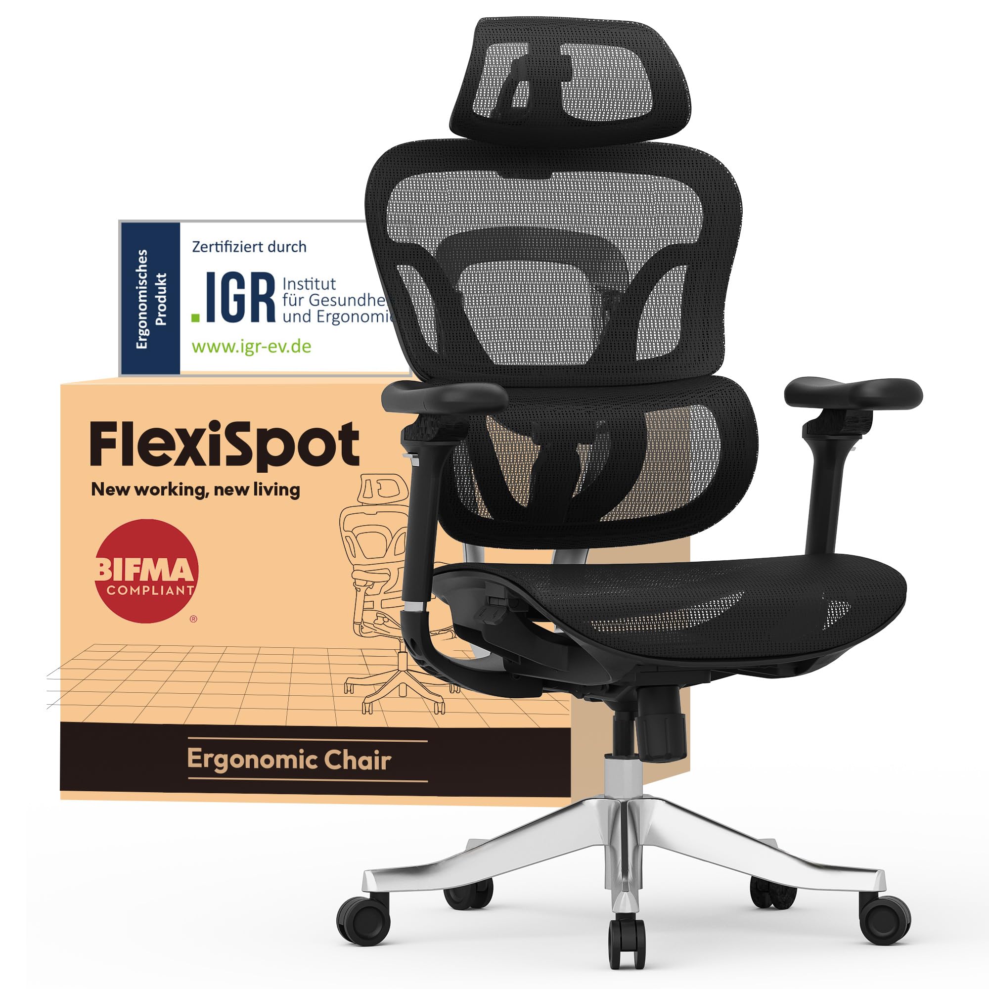FLEXISPOT Ergonomischer Bürostuhl Schreibtischstuhl mit Fußstütze, 3D-Armlehnen, 3D-Kopfstütze, 5D-Rückenlehne, Atmungsaktiver Sitz Belastbar bis 136 kg Arbeitsstuhl, ErgoX, Schwarz