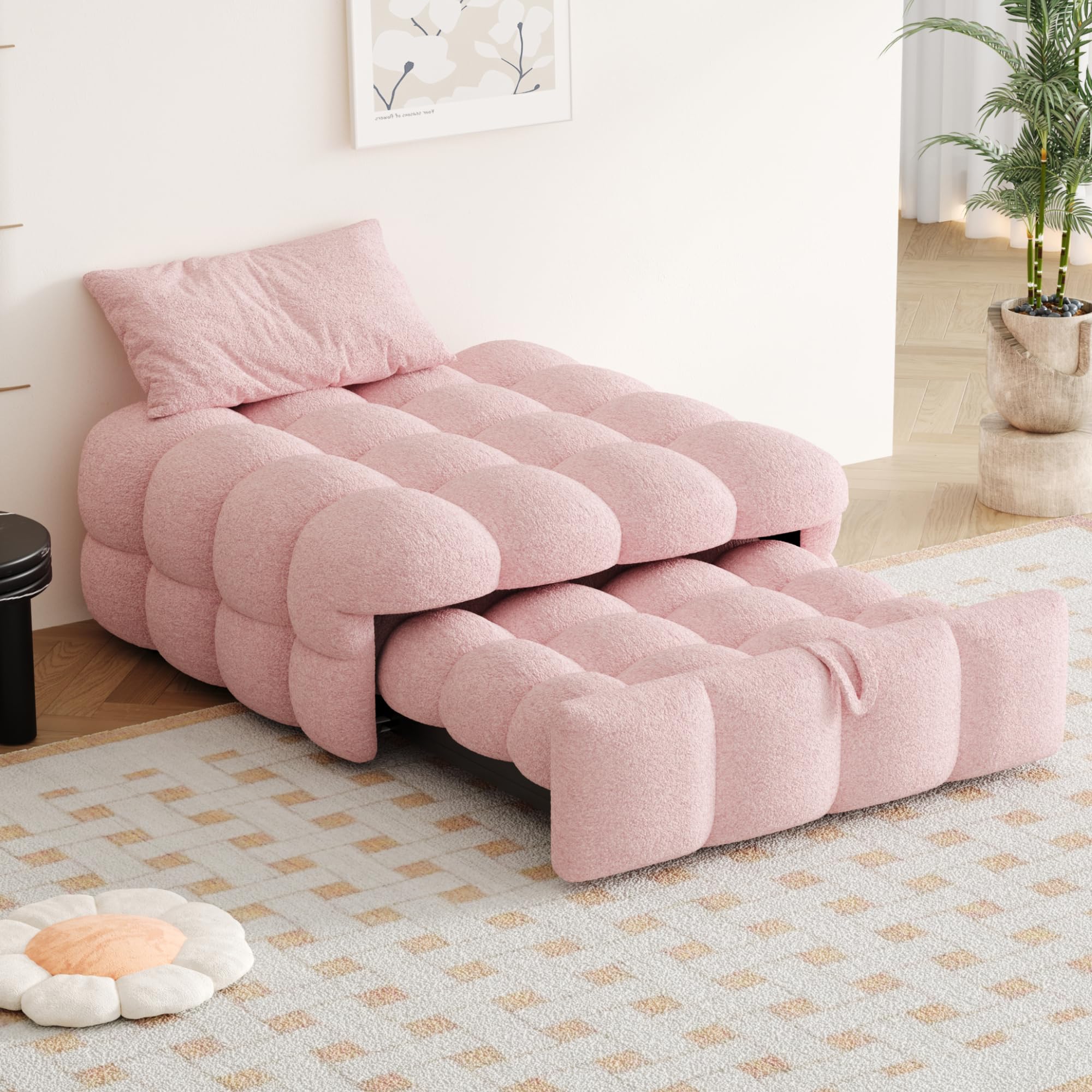 Polsterbett, 2-in-1-Fußhocker, Ausziehbares Schlafsofa, Einzelbett, Puffy-Bett,Teddy-Stoff (Beige)