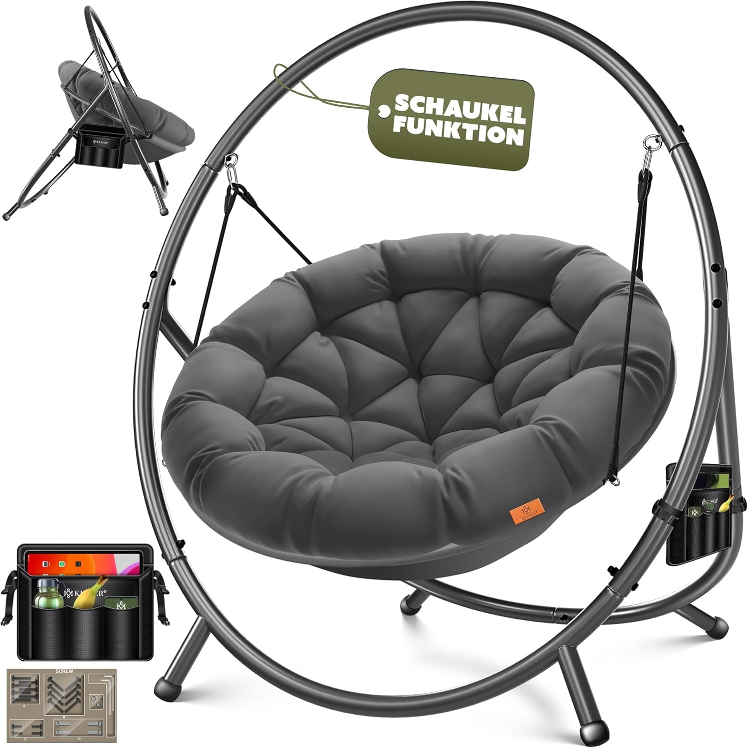 KESSER® Hängesessel mit Gestell Bali Hängeschaukel Hängestuhl bis 150kg für Indoor und Outdoor + Kissen & Seitentasche Hängekorb Stahlgestell & Schaumstoff Sitzpolster ideal für Wohnzimmer & Garten