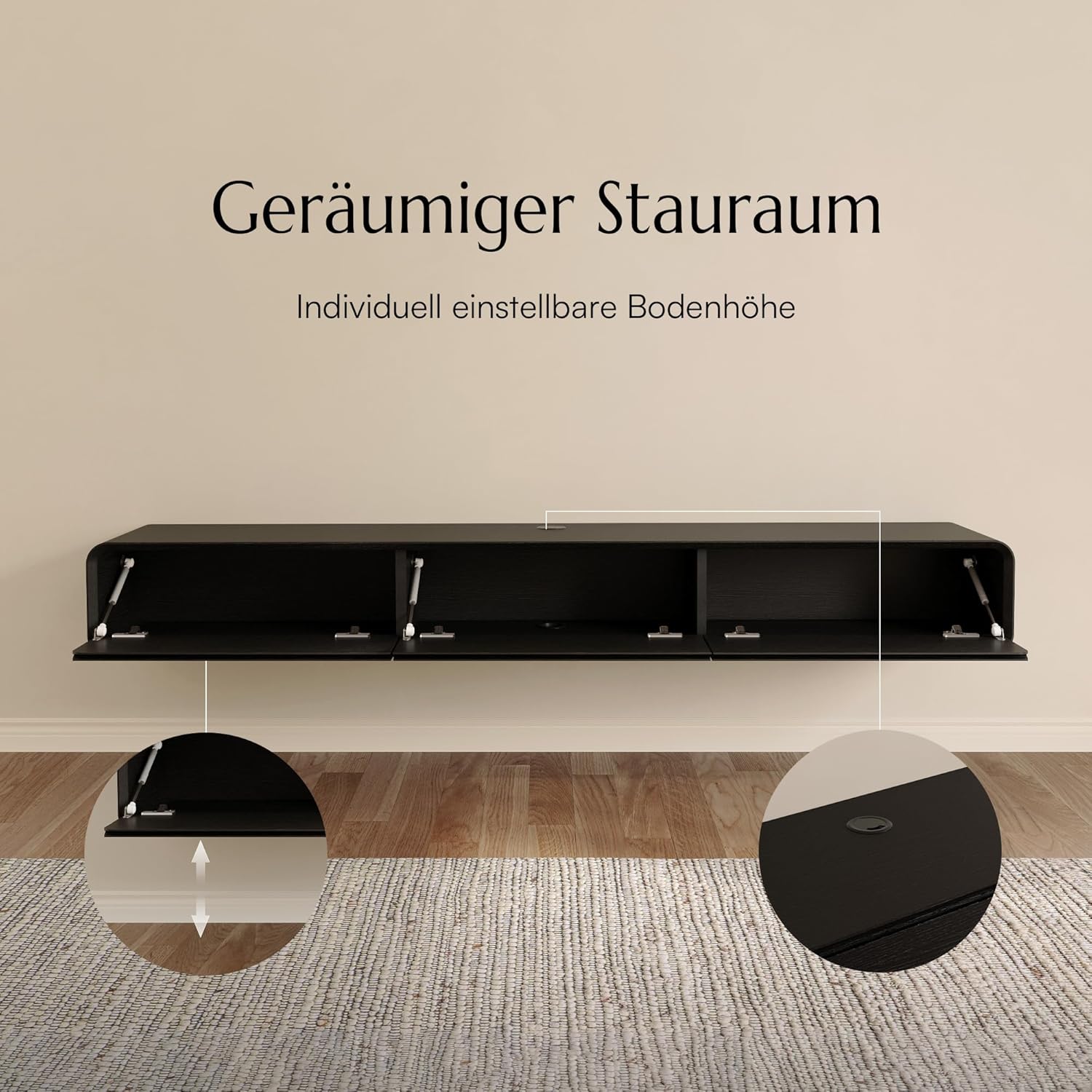 POVISON Schwebendes TV-Lowboard aus Massivholz – Modernes Hängeschrank-TV-Möbel mit Stauraum & Kabelmanagement