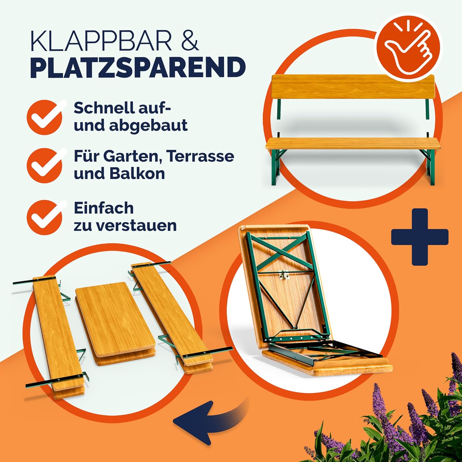 Casaria Bierzeltgarnitur mit Lehne 170 cm, Klappbar, Holz Stahl, Braun