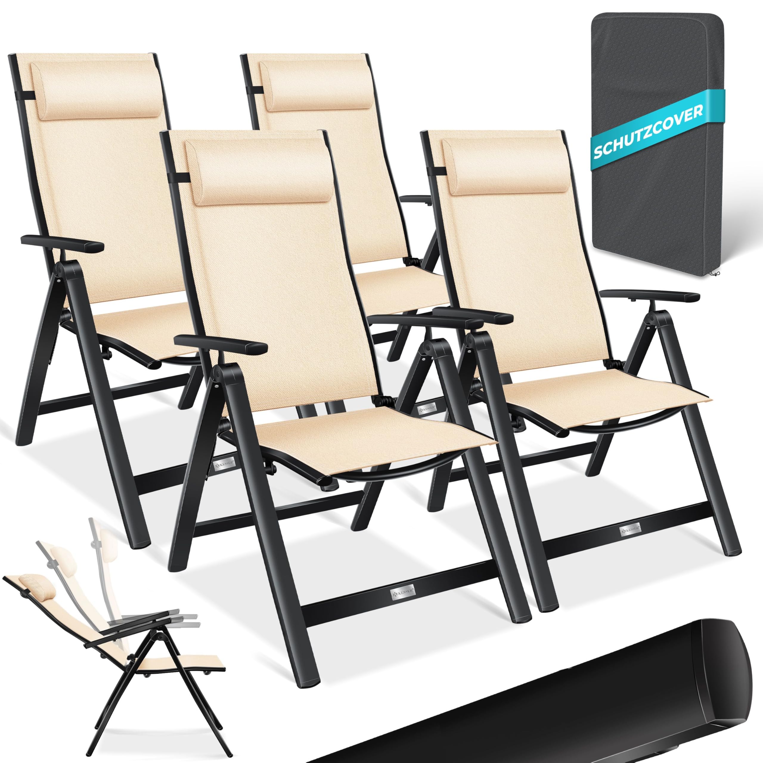 KESSER® Gartenstuhl Hochlehner mit Armlehnen 2er Set Aluminium Klappstuhl mit Kopfkissen & Abdeckung Campingstuhl 7-Fach Verstellbar Rückenlehne Atmungsaktiv Wetterfest Klappbar Anti-Rutsch, Anthrazit