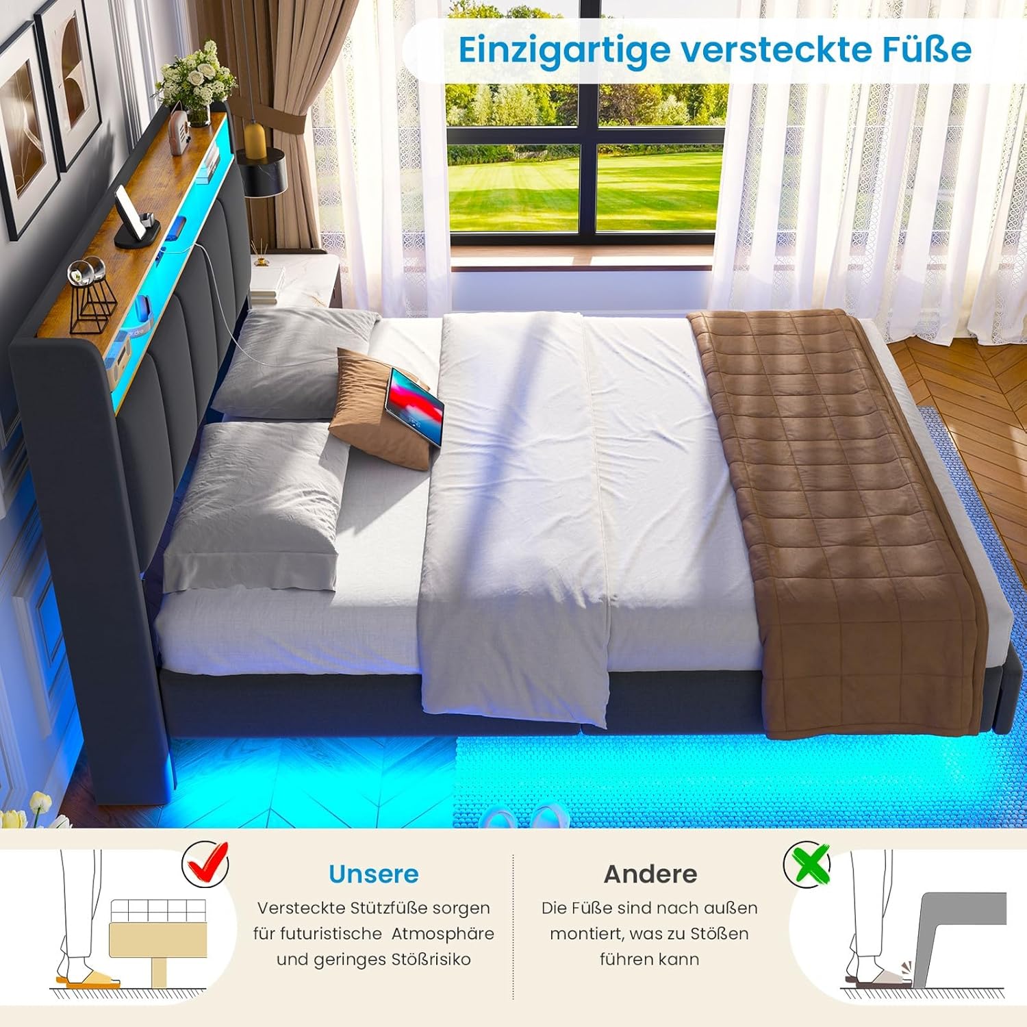 Brinlawb Polsterbett mit LED, Schwebebett mit Kopfteil, Stauraum & Ladestation – Modernes Bett mit Lattenrost für Schlafzimmer