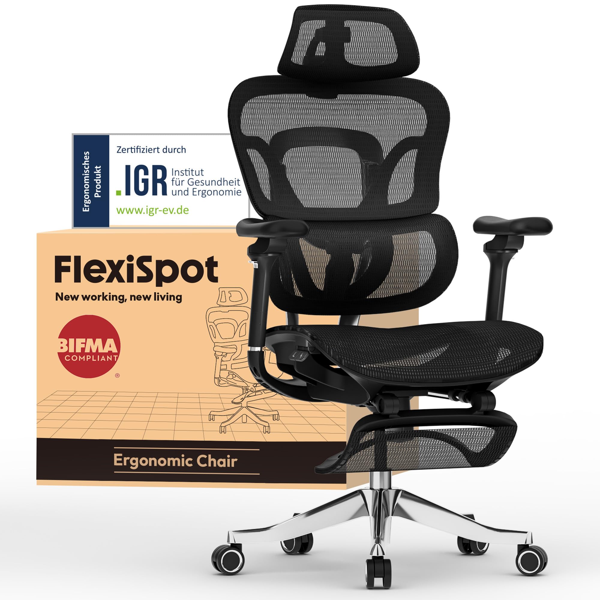 FLEXISPOT Ergonomischer Bürostuhl Schreibtischstuhl mit Fußstütze, 3D-Armlehnen, 3D-Kopfstütze, 5D-Rückenlehne, Atmungsaktiver Sitz Belastbar bis 136 kg Arbeitsstuhl, ErgoX, Schwarz