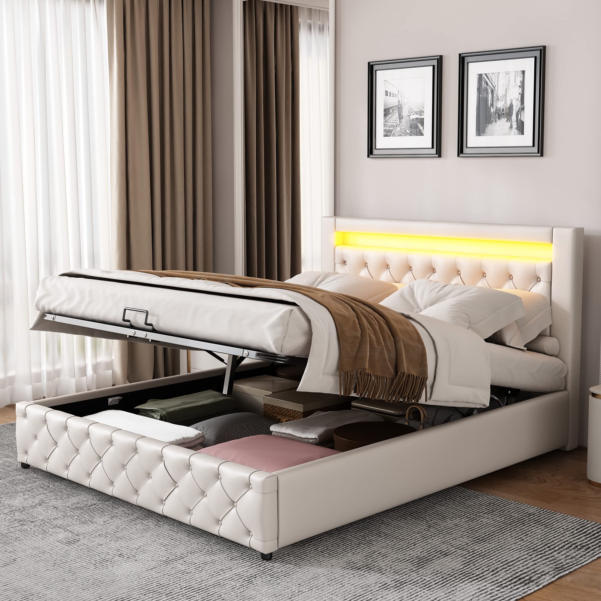 Merax Polsterbett 140x200cm mit Stauraum, Doppelbett mit Kopfteil und Lattenrost, Hydraulisches Funktionsbett für Jugend, Erwachsene, Samtstoff, Beige (Ohne Matratze)