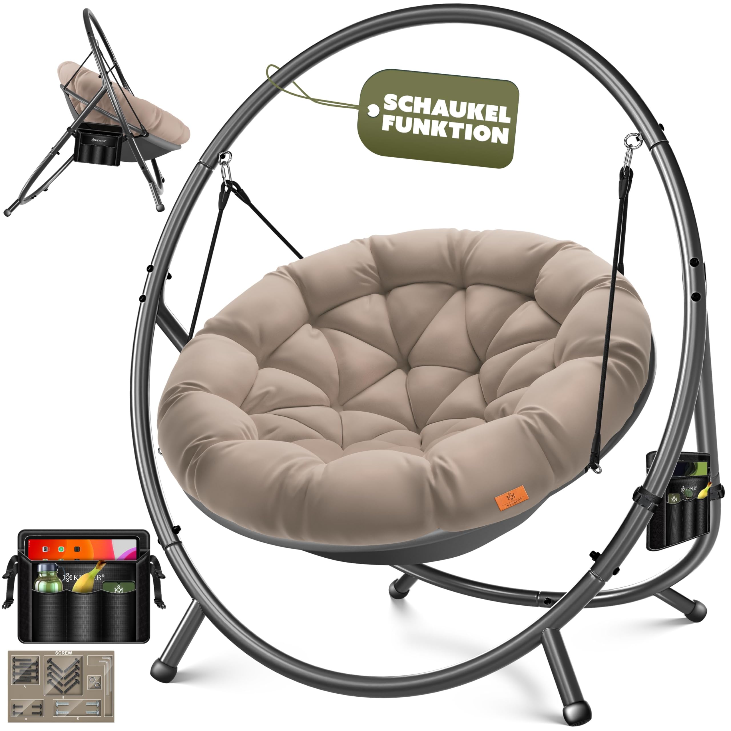KESSER® Hängesessel mit Gestell Bali Hängeschaukel Hängestuhl bis 150kg für Indoor und Outdoor + Kissen & Seitentasche Hängekorb Stahlgestell & Schaumstoff Sitzpolster ideal für Wohnzimmer & Garten