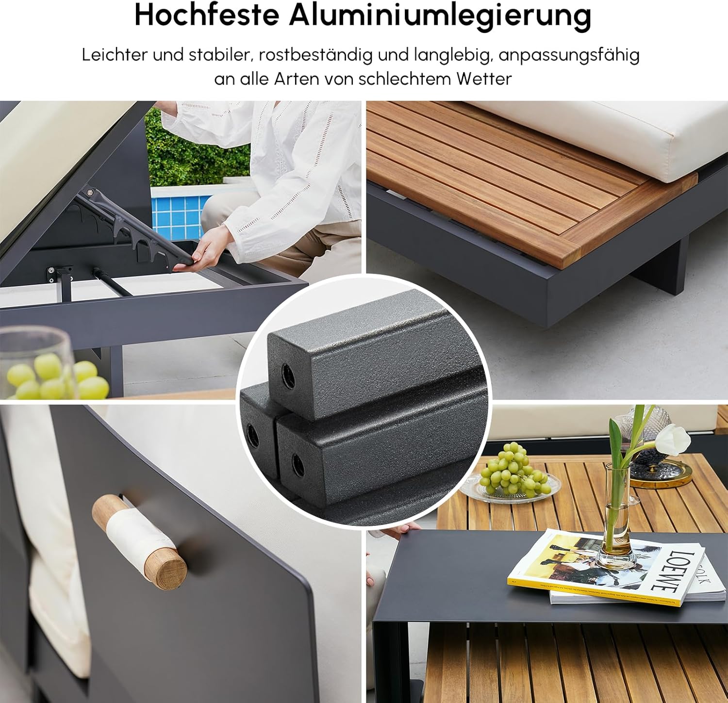 Homary 6-teiliges Outdoor Sofa Set – Aluminium & Teak Gartenlounge mit Feuerstelle, modular, wetterfest