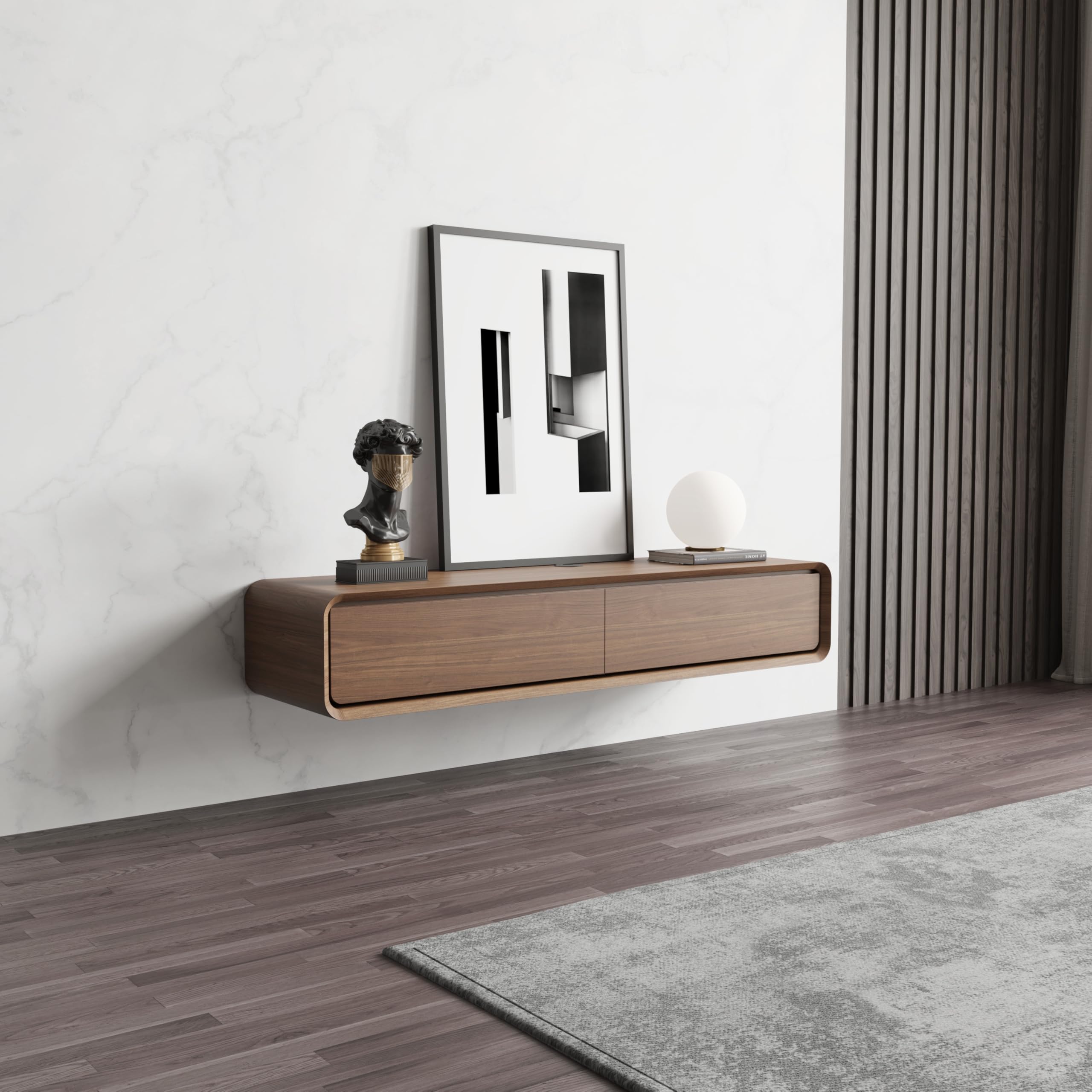 POVISON TV Schrank schwebend 160cm schwarz modern Walnussholz aus Massivholz mit 3 Schubladen, TV Lowboard hängend mit Kabelmanagement hochwertig, Komplettmöbel mit Stauraum für Wohnzimmer