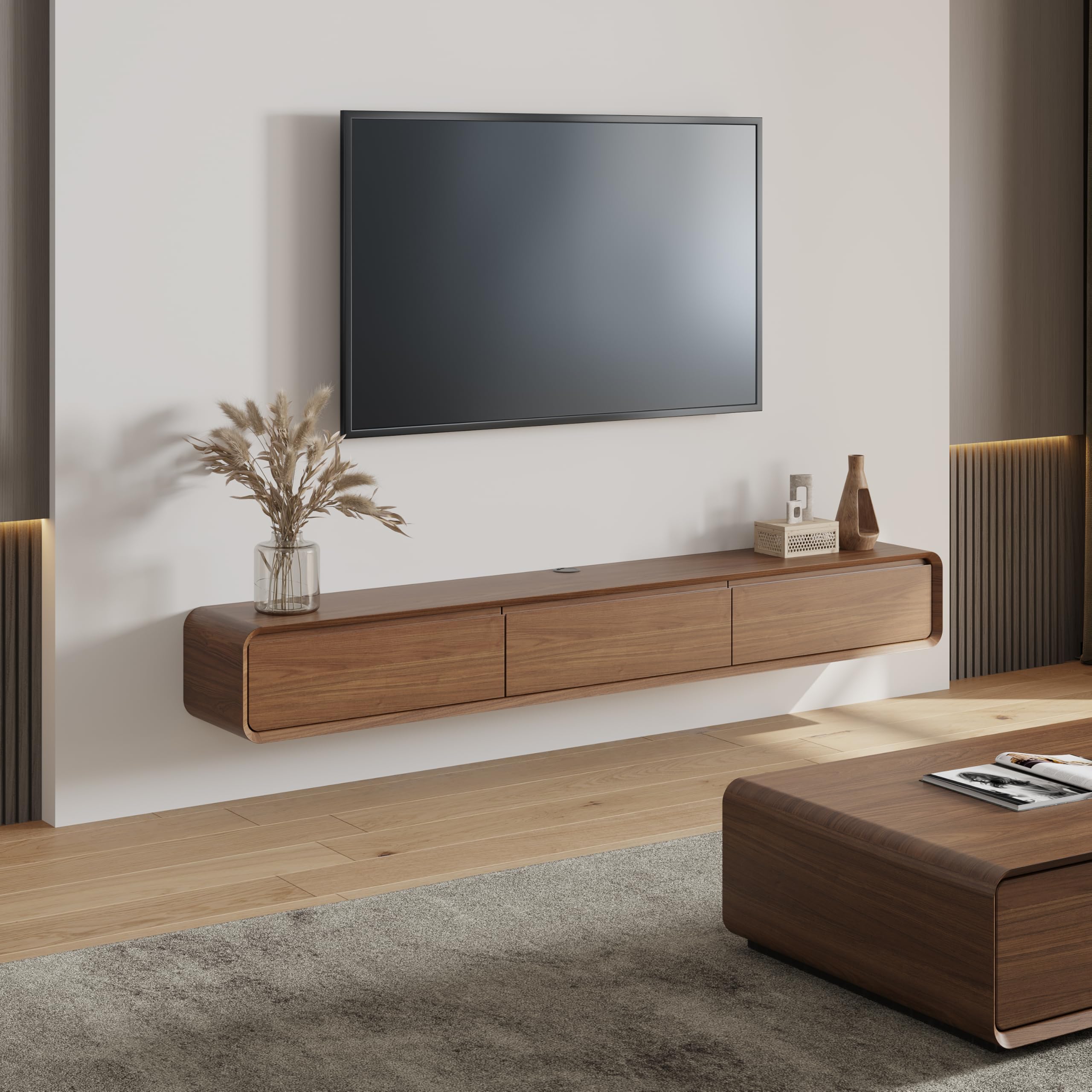 POVISON TV Schrank schwebend 160cm schwarz modern Walnussholz aus Massivholz mit 3 Schubladen, TV Lowboard hängend mit Kabelmanagement hochwertig, Komplettmöbel mit Stauraum für Wohnzimmer