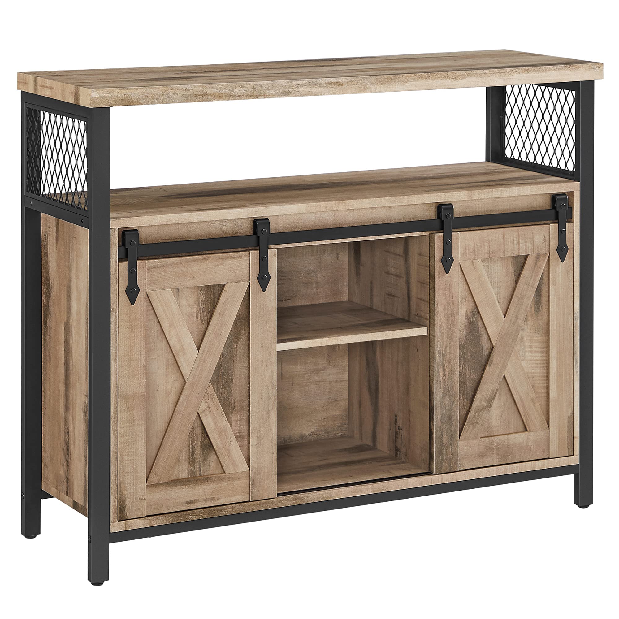 VASAGLE Sideboard, Küchenschrank, Aufbewahrungsschrank, mit 2 Schiebetüren, 33 x 100 x 80 cm, verstellbare Ablagen, Landhausstil, für Wohnzimmer, vintagebraun-schwarz LSC092B01