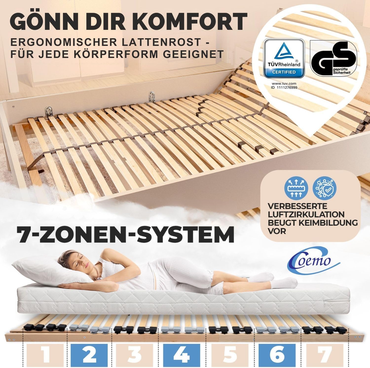 7-Zonen Lattenrost Ergo 140x200 Lattenrahmen - verstellbares Kopfteil - Buche Rahmen- 28 Federleisten- Bettrahmen 140x200cm passend für Queensize Bett- geeignet für alle Matratzen