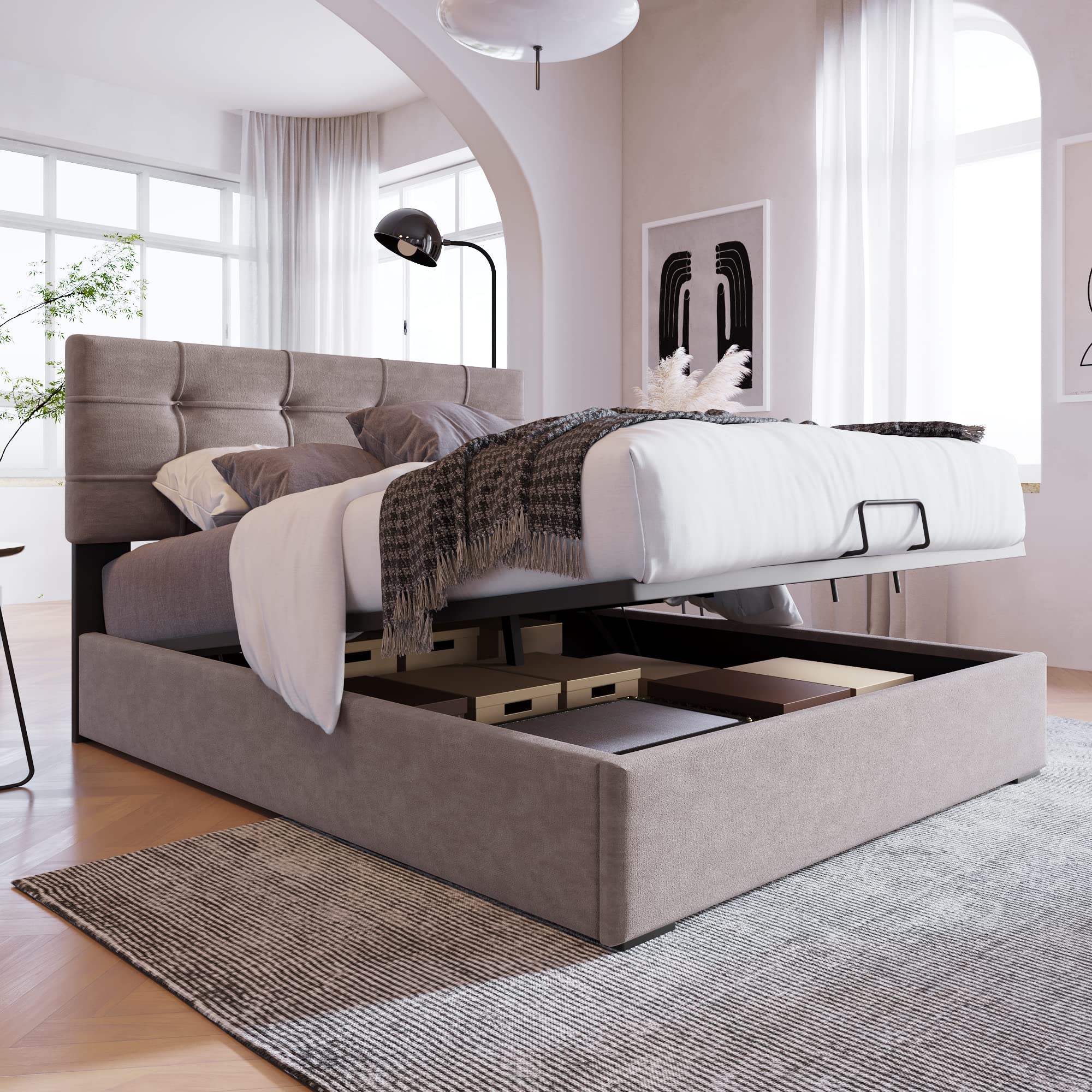 Merax Polsterbett 140x200cm mit Stauraum, Doppelbett mit Kopfteil und Lattenrost, Hydraulisches Funktionsbett für Jugend, Erwachsene, Samtstoff, Beige (Ohne Matratze)