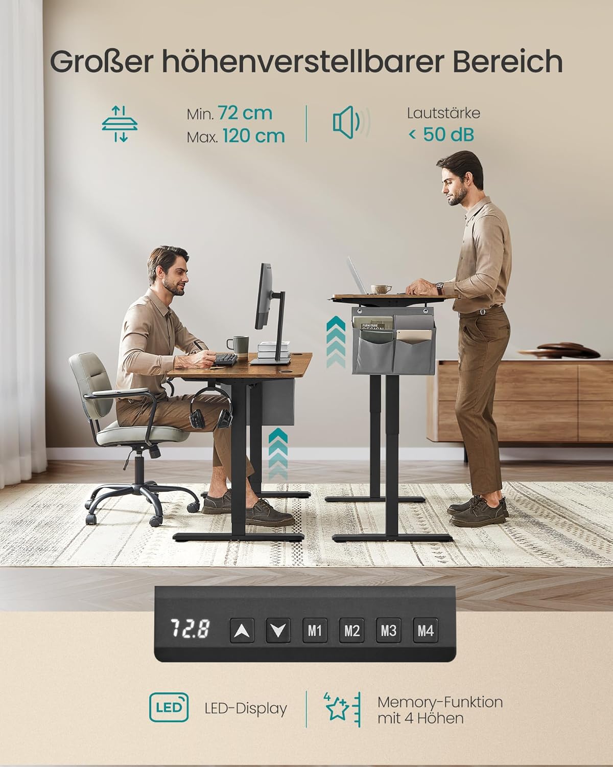 SONGMICS Elektrischer Höhenverstellbarer Schreibtisch – Holz & Stahl, Ergonomisch, Höhenverstellbar