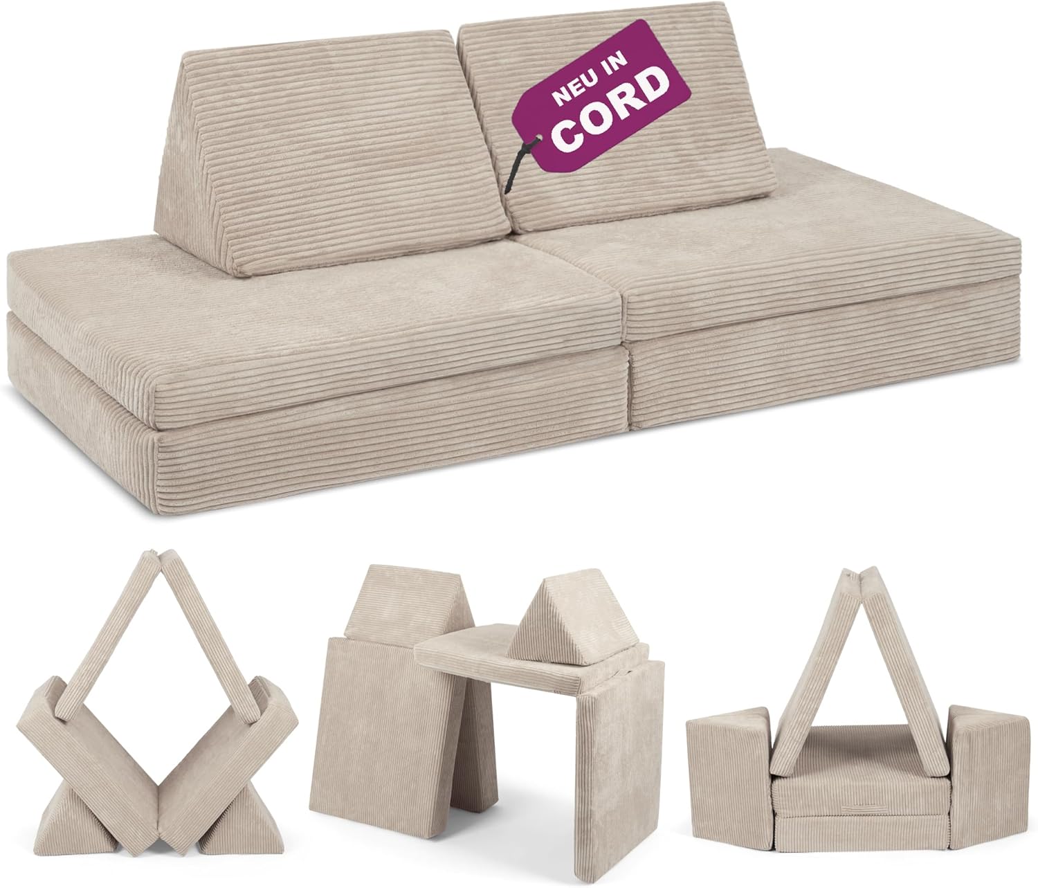 Linodino® Spielsofa Cord | Kindersofa aus Schaumstoff Bausteine - Spielsofa für Kinder & Kuschelecke im Kinderzimmer | Kindercouch | Oeko-TEX 100 Zertifiziert | Elfenzauber Beige