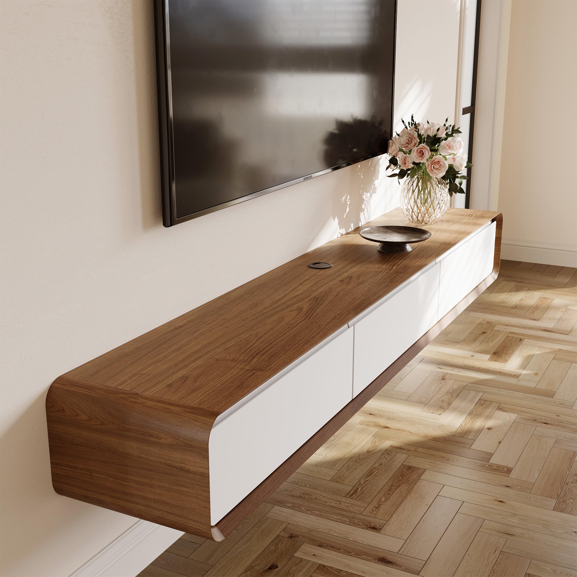 POVISON Schwebendes TV-Lowboard aus Massivholz – Modernes Hängeschrank-TV-Möbel mit Stauraum & Kabelmanagement