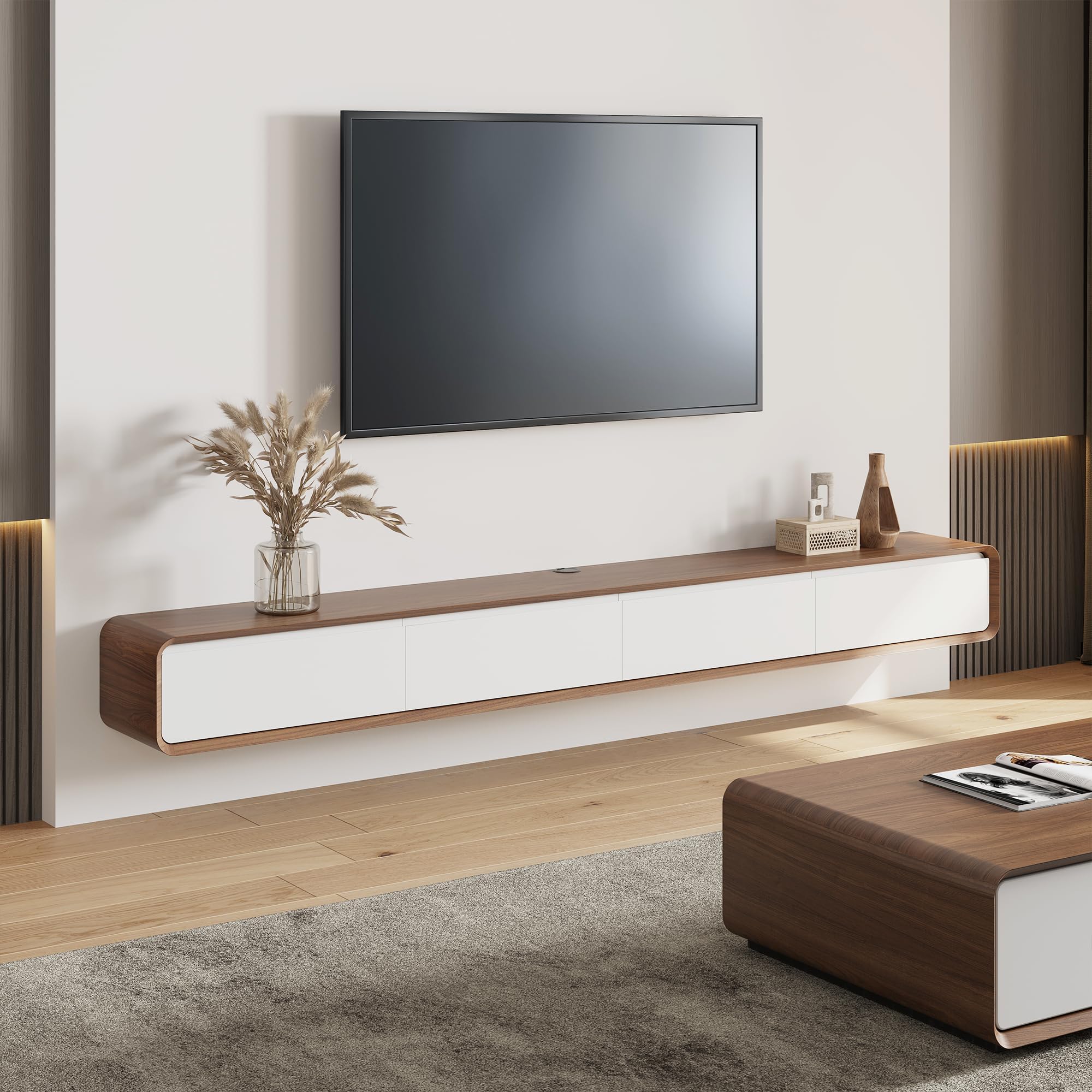 POVISON TV Schrank schwebend 160cm schwarz modern Walnussholz aus Massivholz mit 3 Schubladen, TV Lowboard hängend mit Kabelmanagement hochwertig, Komplettmöbel mit Stauraum für Wohnzimmer