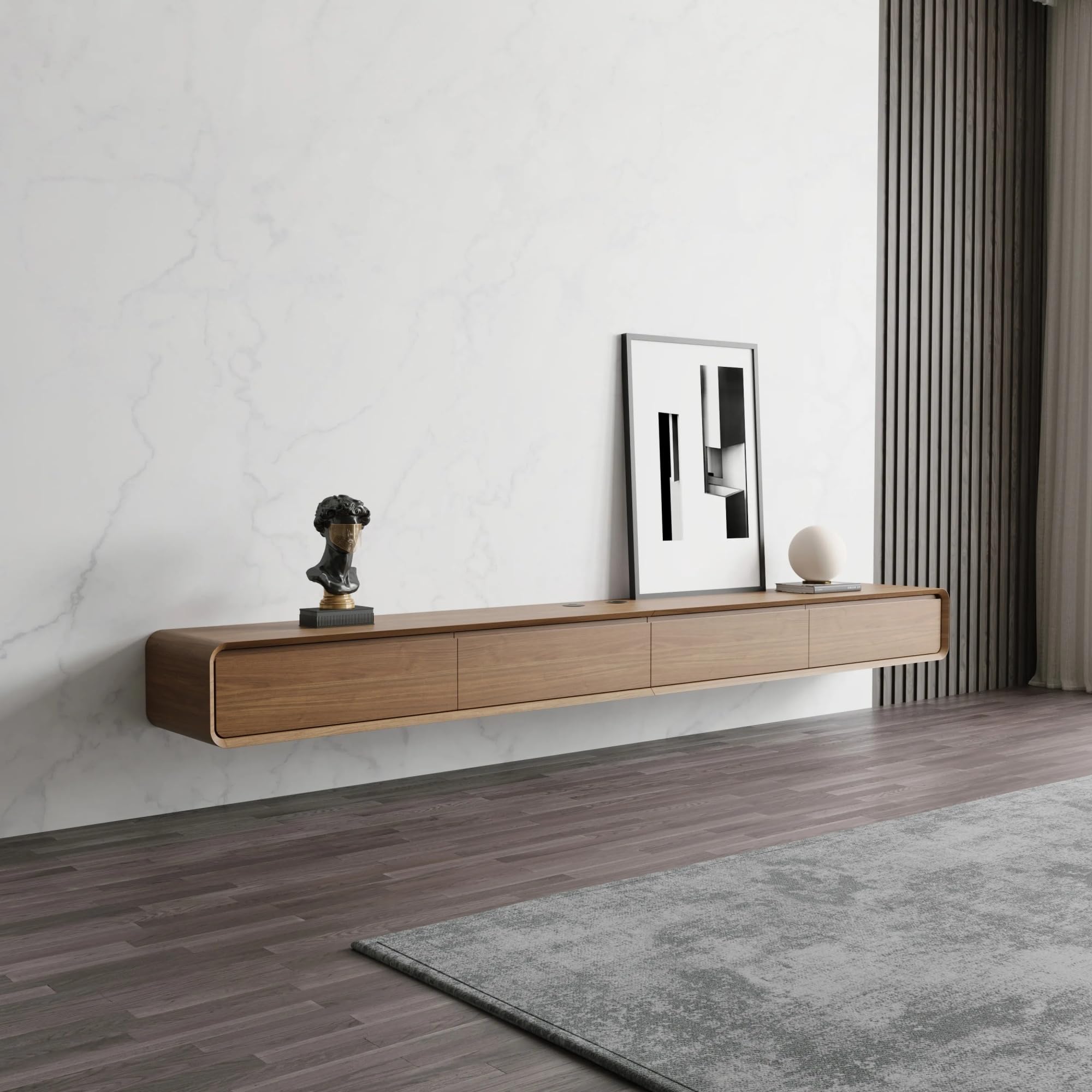 POVISON TV Schrank schwebend 160cm schwarz modern Walnussholz aus Massivholz mit 3 Schubladen, TV Lowboard hängend mit Kabelmanagement hochwertig, Komplettmöbel mit Stauraum für Wohnzimmer