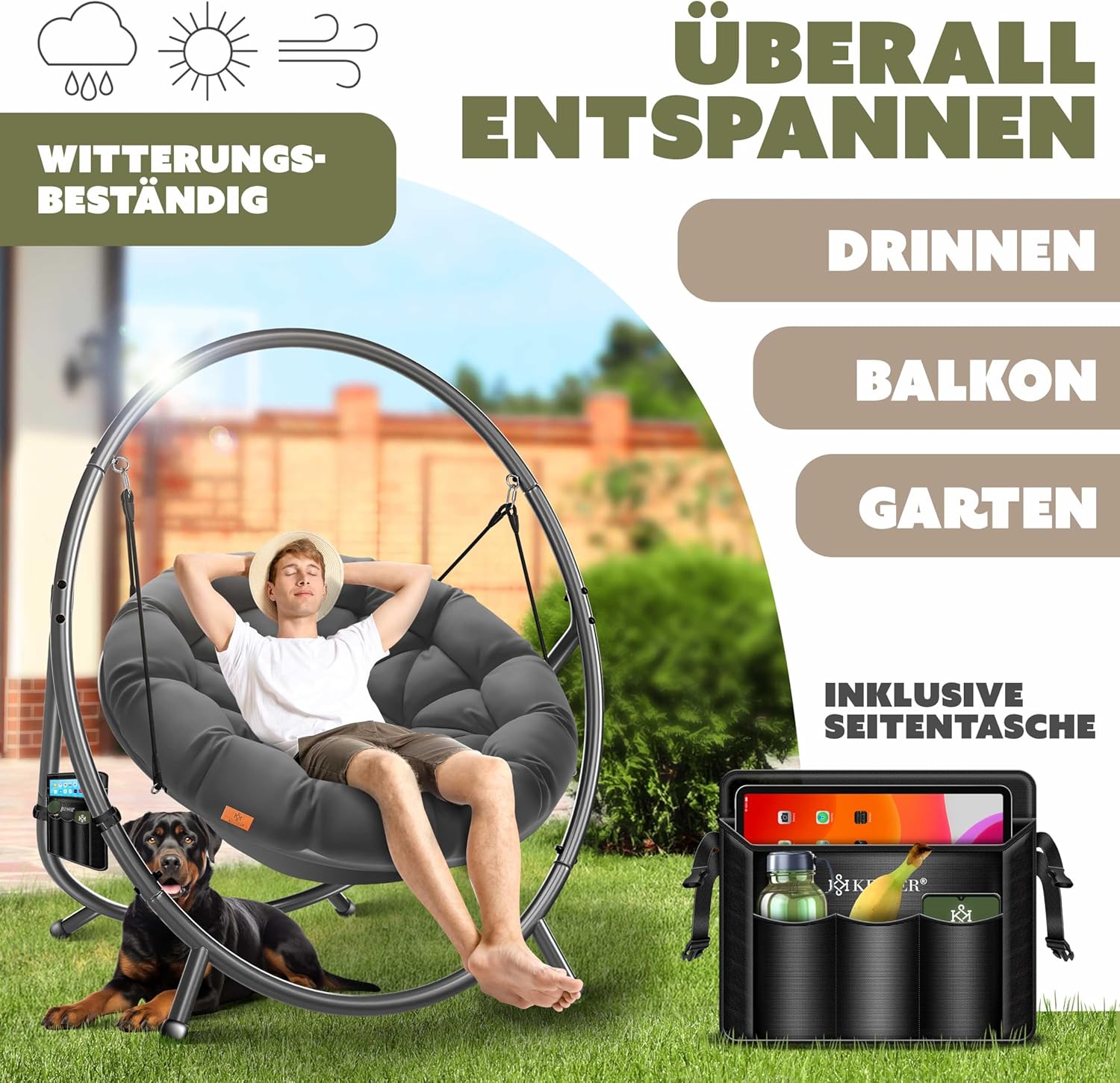 KESSER Hängesessel mit Gestell – Hängestuhl Indoor/Outdoor, inkl. Kissen & Tasche