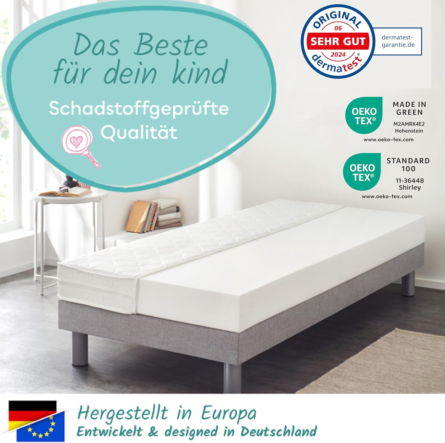 Sun Garden Kindermatratze 90x200 cm H2, Oeko Tex 100 Zertifiziert, Matratze für Kinderbett, Bezug waschbar, Optimale Matratze für Kinder, Bezug mit Klimafaser-Versteppung, P1440 ComfortPur