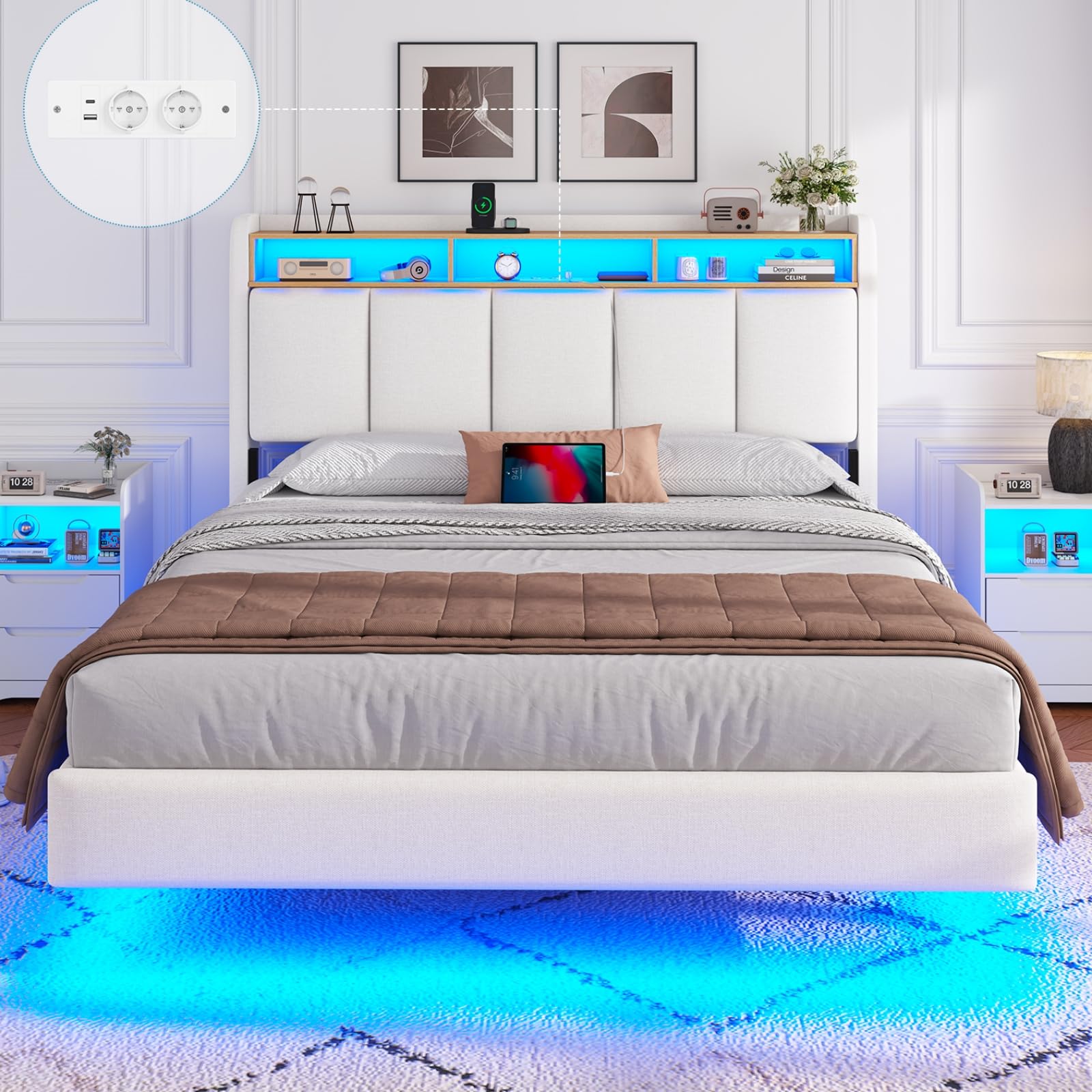 Polsterbett 140x200 cm Schwebebett mit LED-Beleuchtung, Kopfteil und Ladestation(2 AC-Steckdosen, 2 USB-Anschlüsse), Bett 140x200 mit Stauraum, Modern Doppelbett mit lattenrost, Leinen, Grau