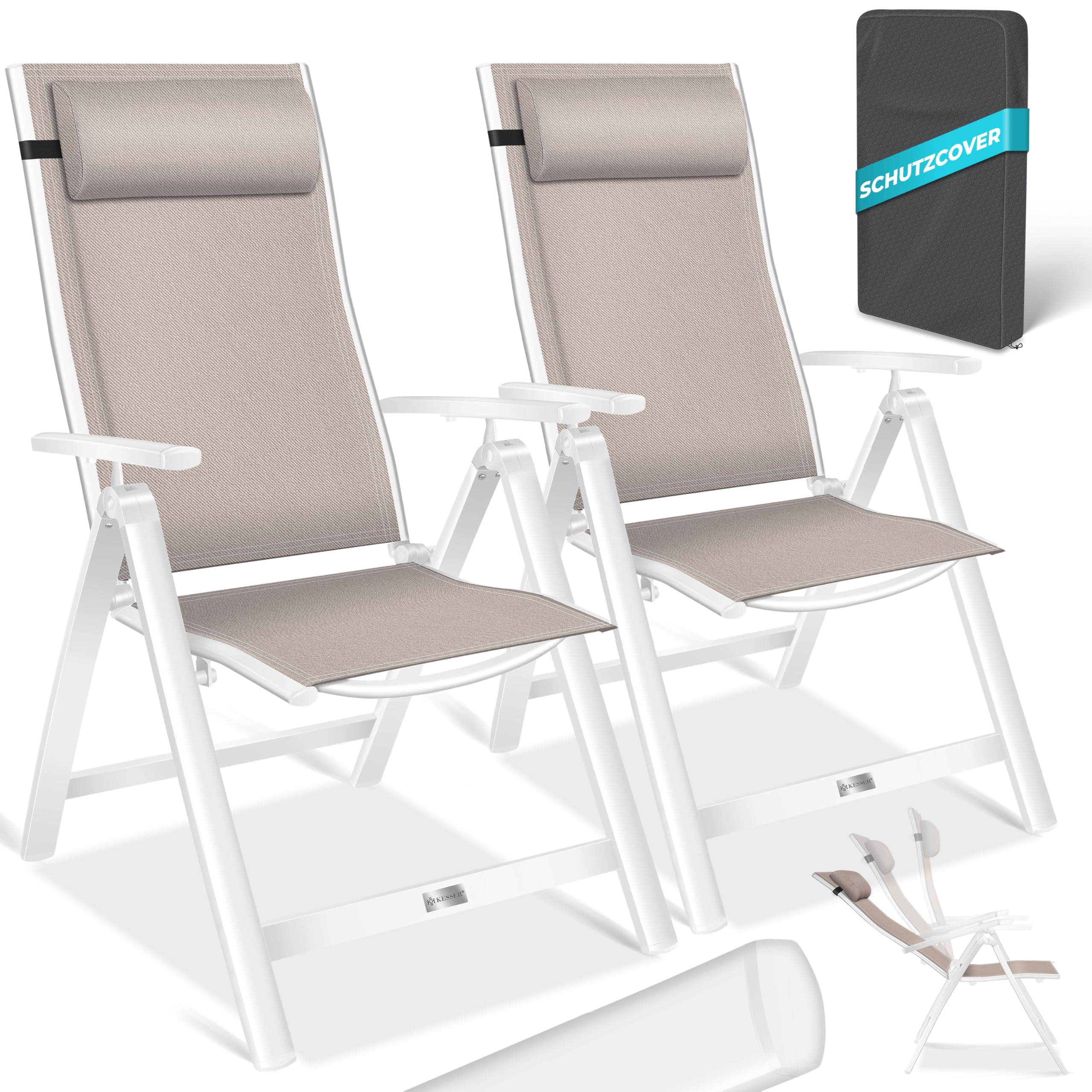 KESSER® Gartenstuhl Hochlehner mit Armlehnen 2er Set Aluminium Klappstuhl mit Kopfkissen & Abdeckung Campingstuhl 7-Fach Verstellbar Rückenlehne Atmungsaktiv Wetterfest Klappbar Anti-Rutsch, Anthrazit